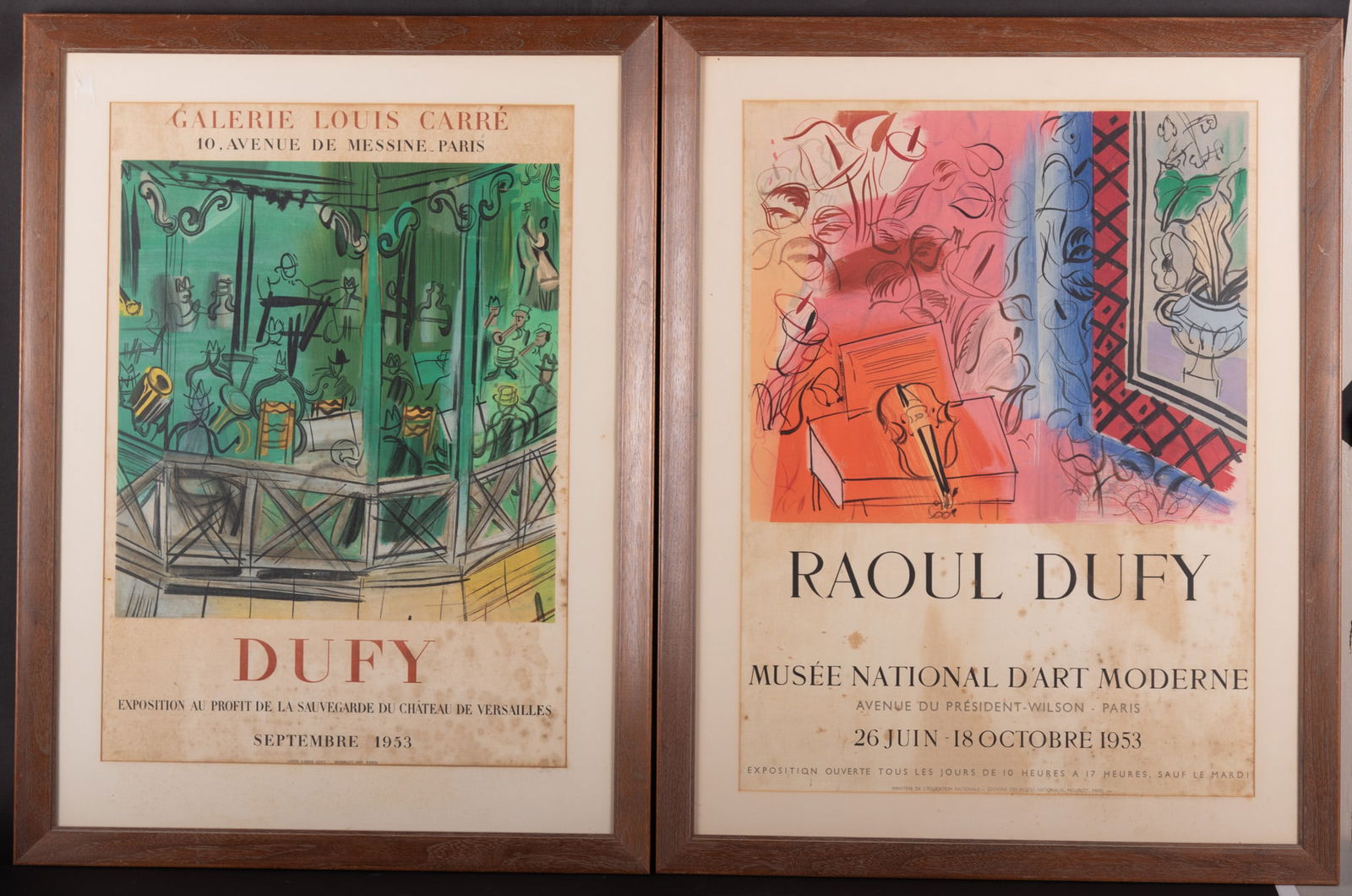 Raoul Dufy, French (1877-1953), Two Vintage 1950s Exhibition Posters: Galerie Louis Carre, and Musee: Raoul DufyFrench, (1877-1953)Two Vintage 1950s Exhibition Posters: Galerie Louis Carre, and Musee National D'Art, 1953color lithographic postersfoxing, framed.32 x 24 1/4 inches (overall with frame)