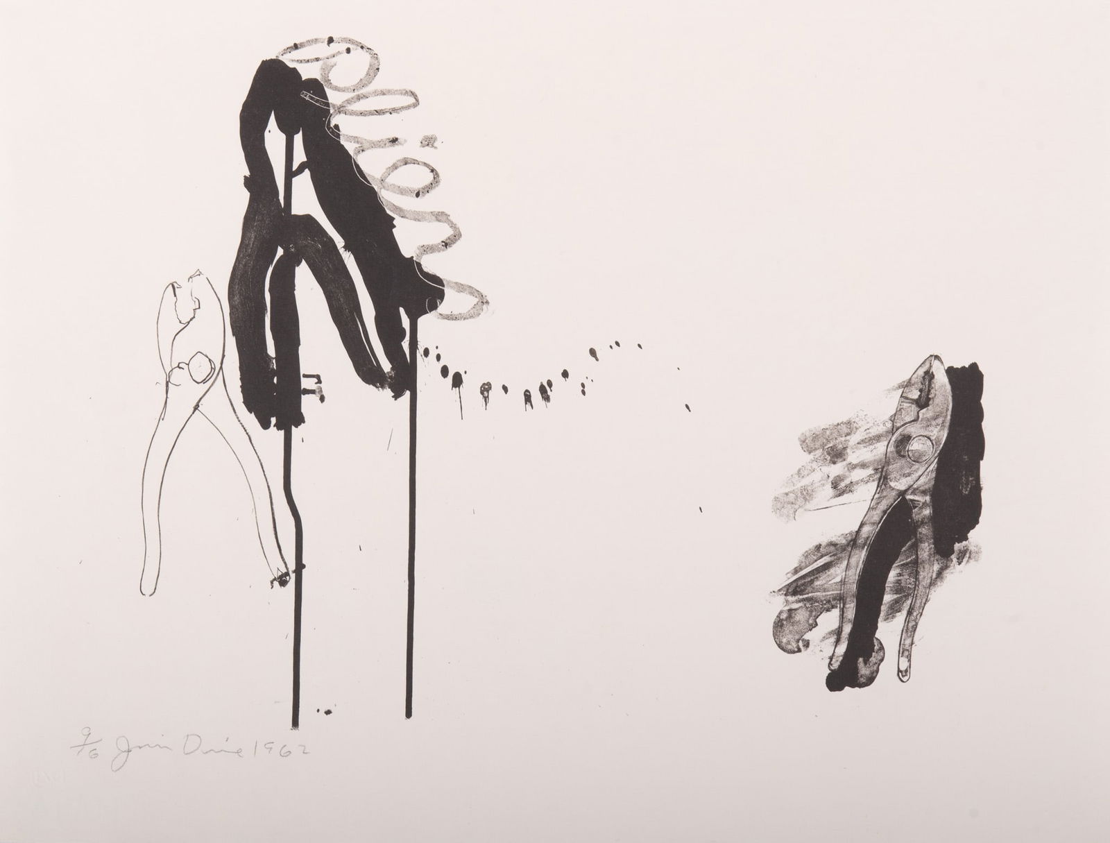 Jim Dine, American (b. 1935), Pliers, 1962, lithograph, ed. #9/16: Jim DineAmerican, (b. 1935)Pliers, 1962lithograph, ed. #9/16signed, dated, and numbered in pencil lower margin, unframed.17 3/4 x 22 1/2 inches