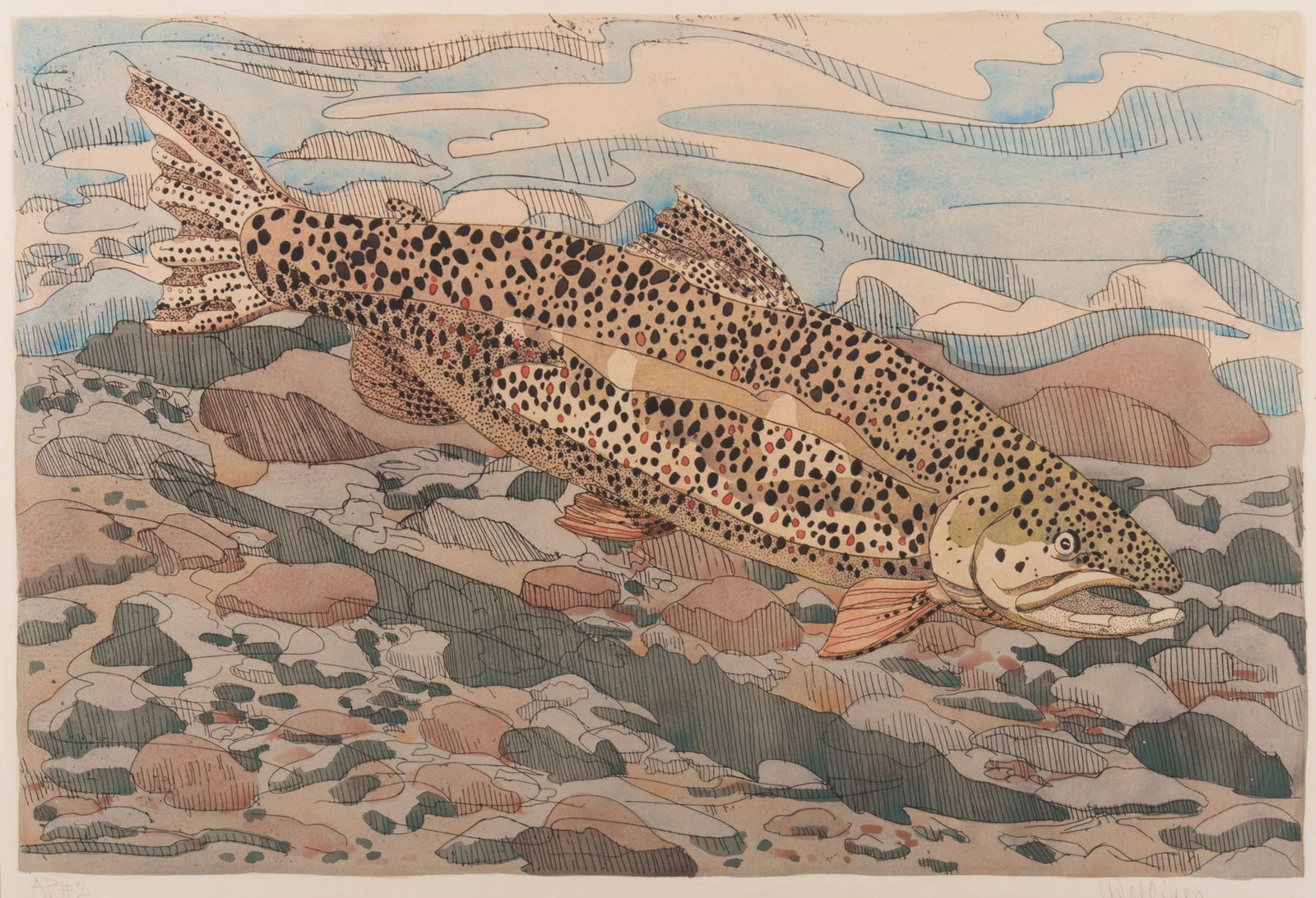 Neil Gavin Welliver, American (1929-2005), Brown Trout, 1975, etching with watercolor, ed. A.P. #2: Neil Gavin WelliverAmerican, (1929-2005)Brown Trout, 1975etching with watercolor, ed. A.P. #2signed and numbered in pencil lower margin, framed.19 3/4 x 29 1/4 inches (impression); 33 1/2 x 40 inches