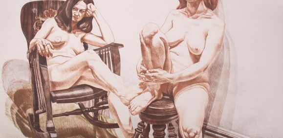 Philip Pearlstein, American (1924-2022), Two Female Models on Rocker and Stool, 1975, color