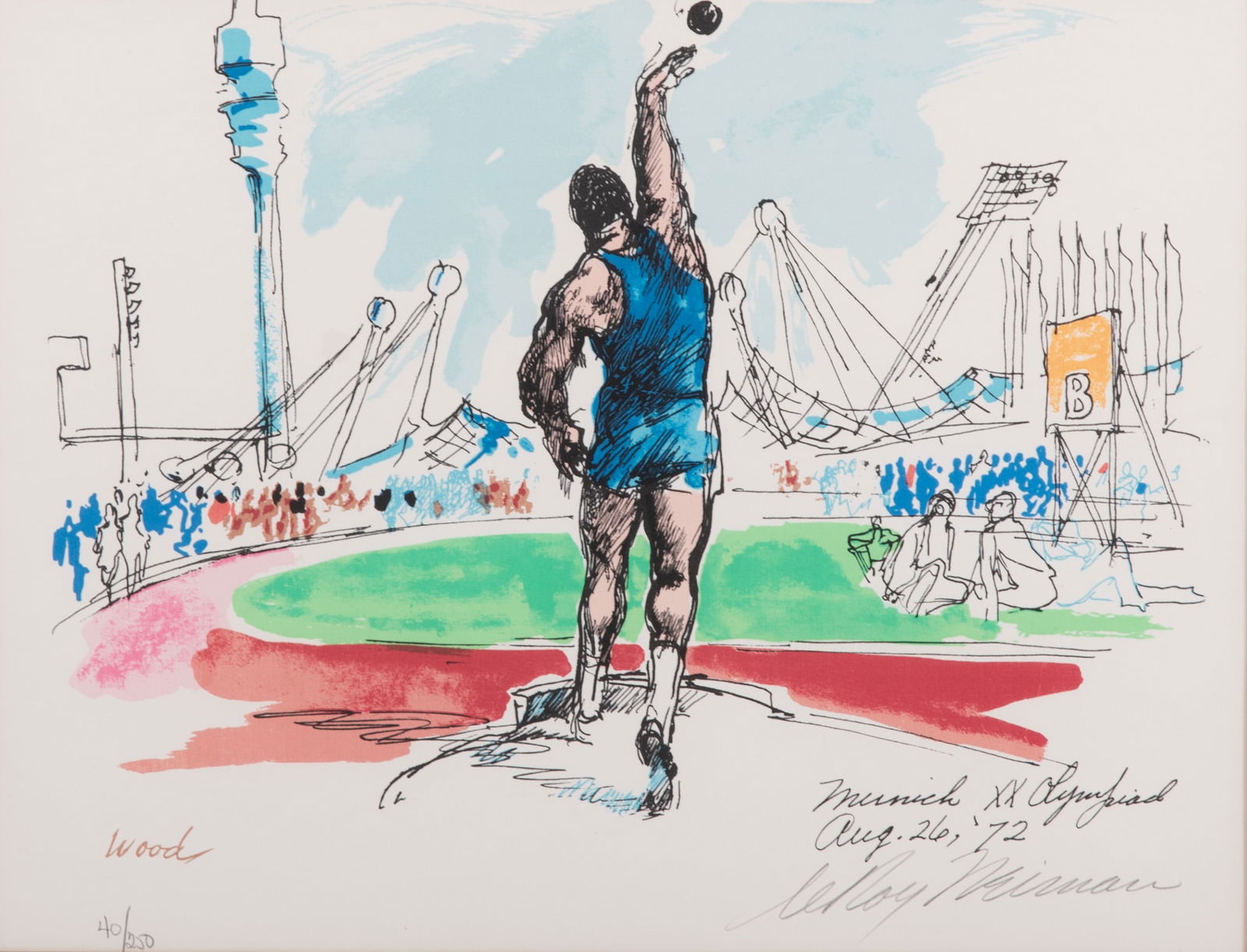 LeRoy Neiman, New York (1921-2012), Olympic Shot Put, serigraph, ed. 40/250: LeRoy NeimanNew York, (1921-2012)Olympic Shot Putserigraph, ed. 40/250signed and numbered in pencil lower margin, framed.13 x 17 inches (visible); 21 x 25 inches (overall with frame)