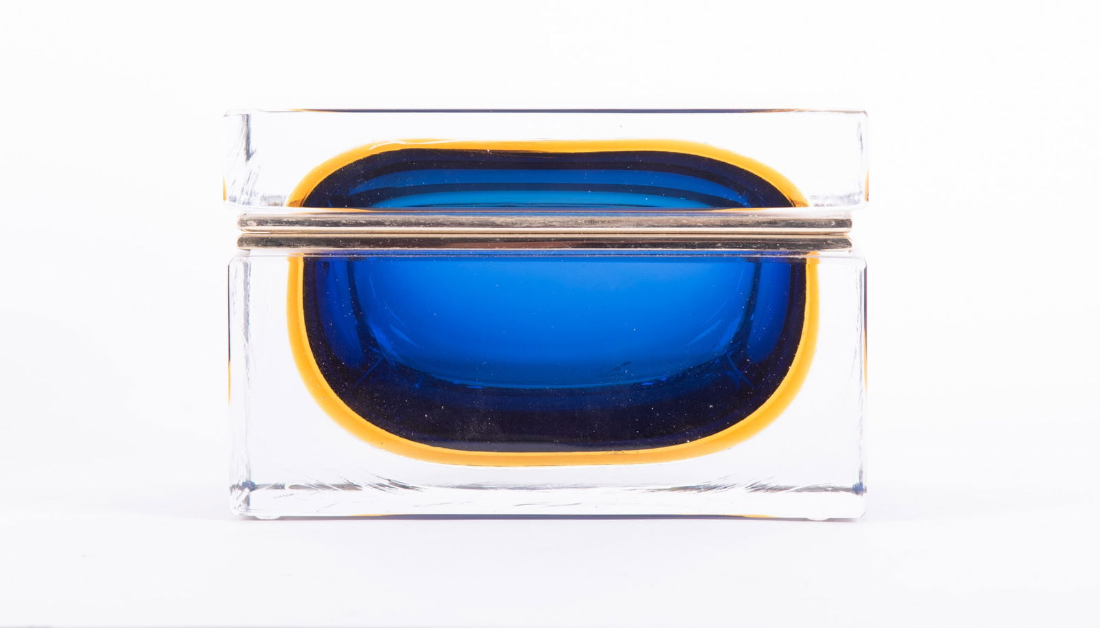 A Large Lidded Murano Desk Box, Alessandro Mandruzzato: A Large Lidded Murano Desk Box, Alessandro MandruzzatoAlessandro Mandruzzato (Italian, b. 1970), a magnificent modern Murano glass table casket, the polished brass hinged top opening to reveal a curve