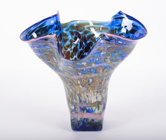 A Large Hand-Blown Blue Confetti Art Glass Vase signed Hershey '92