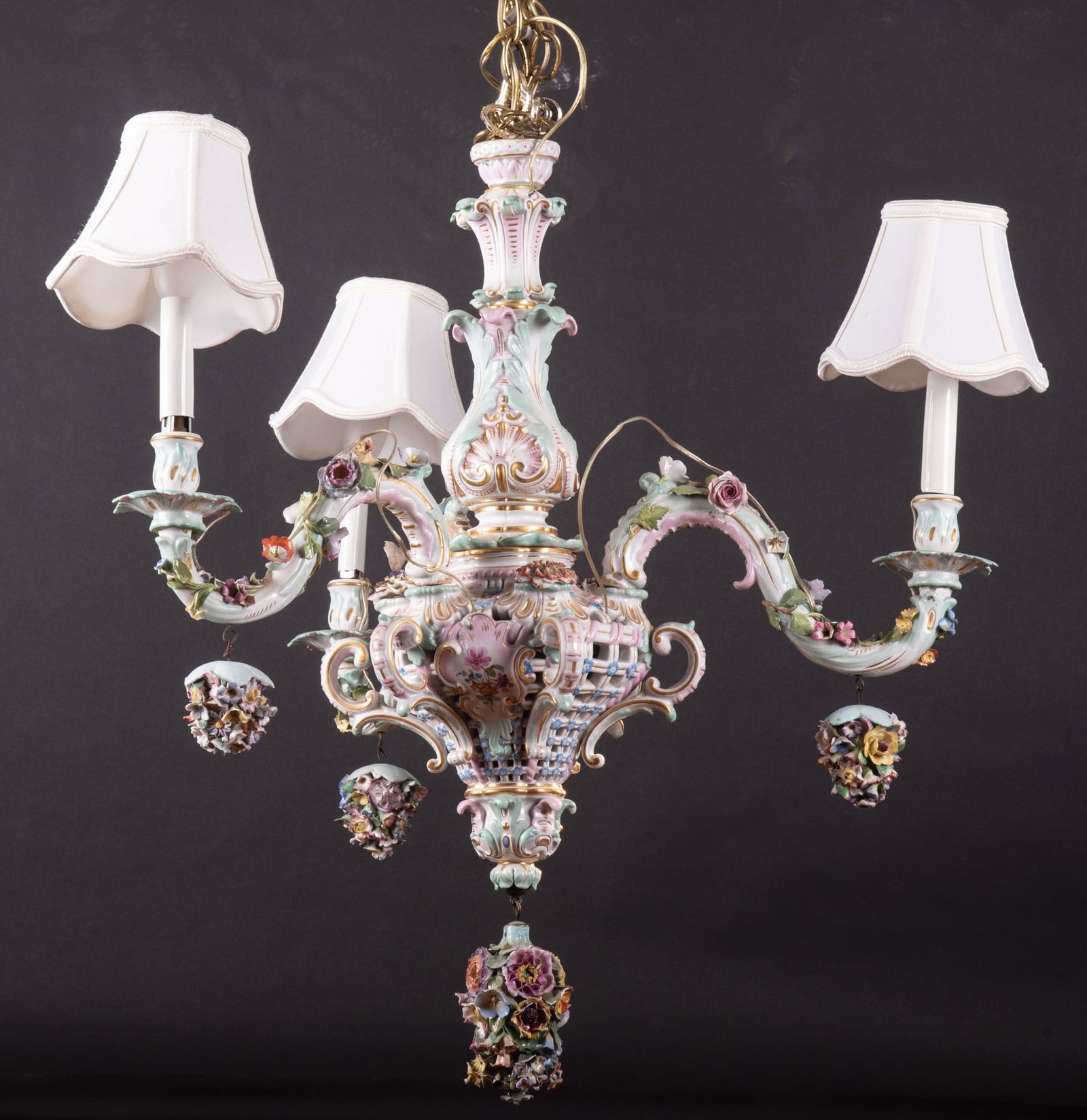 A German Porcelain Rococo Three Light Chandelier (1 of 4)