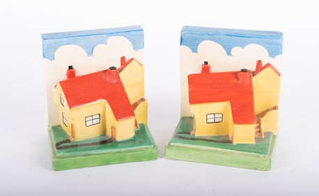 A Pair of English Clarice Cliff Bizarre Ware Cottage Bookends