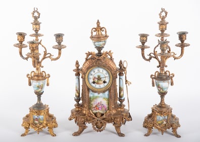 Japy Freres Gilt Bronze Candelabra Garniture Clock Set