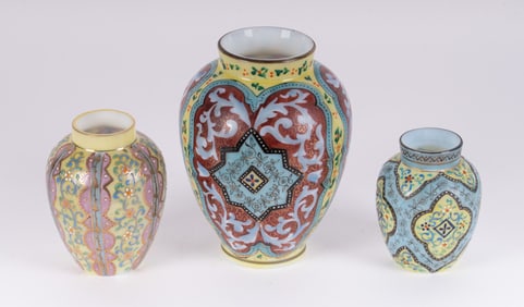 A Collection of Three Thomas Webb Moroccan or Tapestry Enameled Vases
