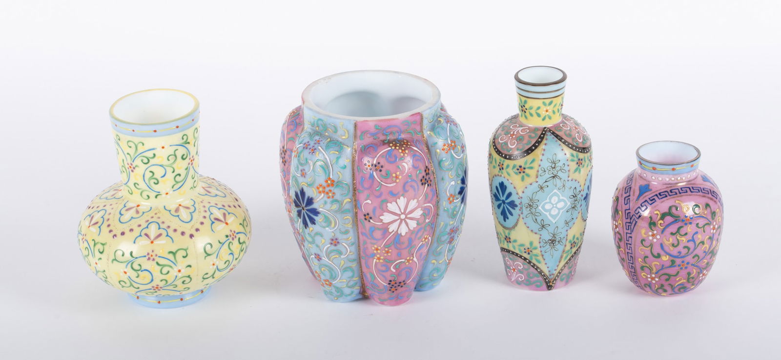 A Collection of Four Thomas Webb Moroccan or Tapestry Enameled Vases: A Collection of Four Thomas Webb Moroccan or Tapestry Enameled Vases All having an opaline base, and decorated in enamel in a tapestry design by Thomas Webb. The lot includes a 6 1/2 inch yellow