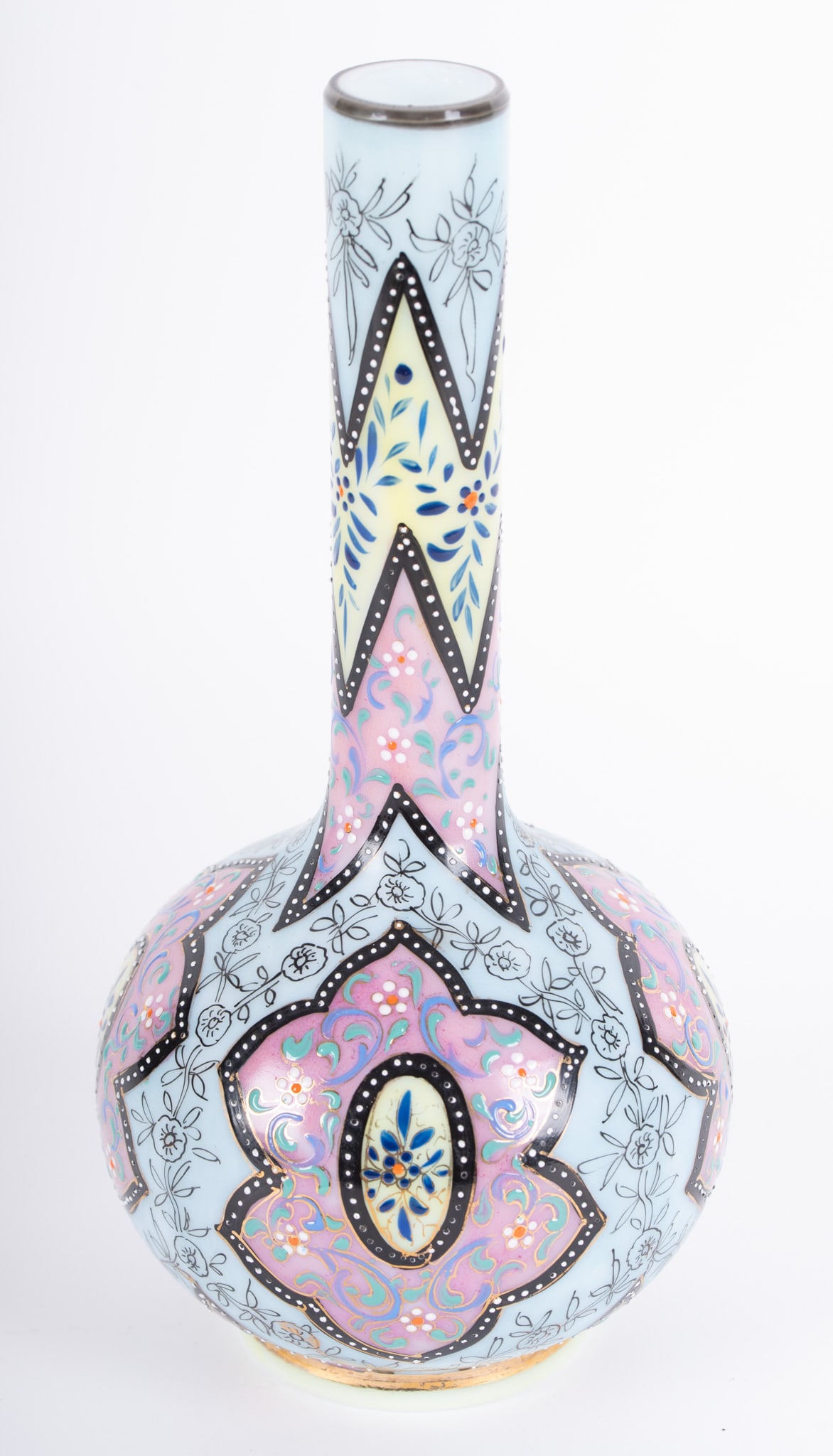 A Thomas Webb Moroccan Art Glass Vase: A Thomas Webb Moroccan Art Glass Vase A Thomas Webb art glass vase having an enameled tapestry design on a opaline ground. 10 inches tall