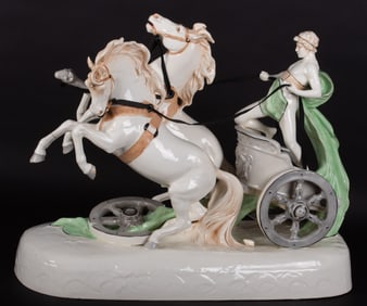 A Large Royal Dux Art Deco Style Chariot Group