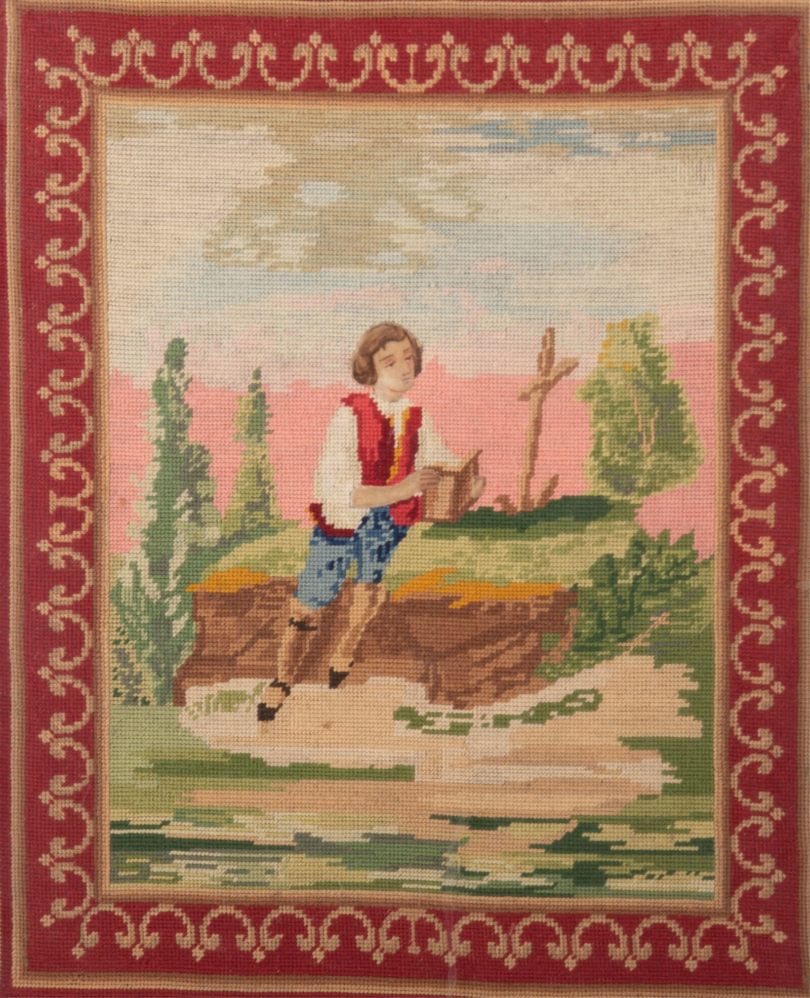 Antique English Needlework Showing a Young Boy at a Gravesite (1 of 4)