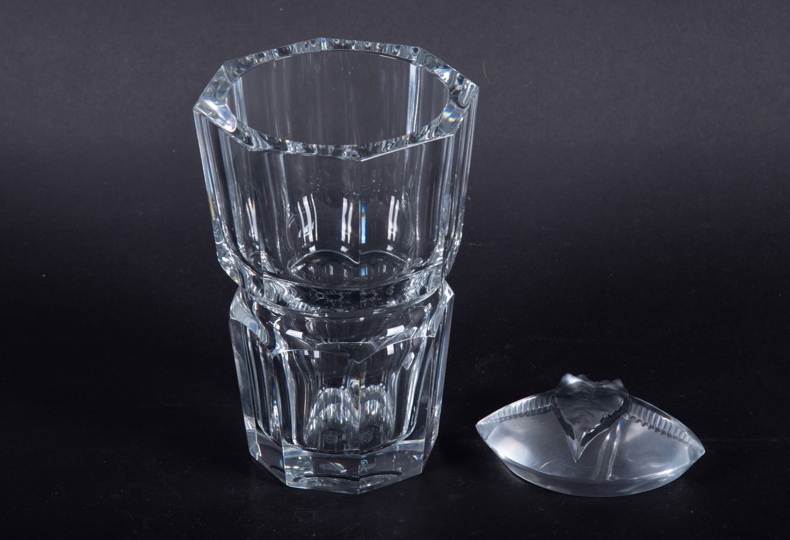 A Baccarat Harcourt Panel Vase and Lalique Paperweight: A Baccarat Harcourt Panel Vase and Lalique Paperweight Both France, both late 20th century, a signed Baccarat vase in the heavily paneled Harcourt panel, paired with a Lalique crystal botanical