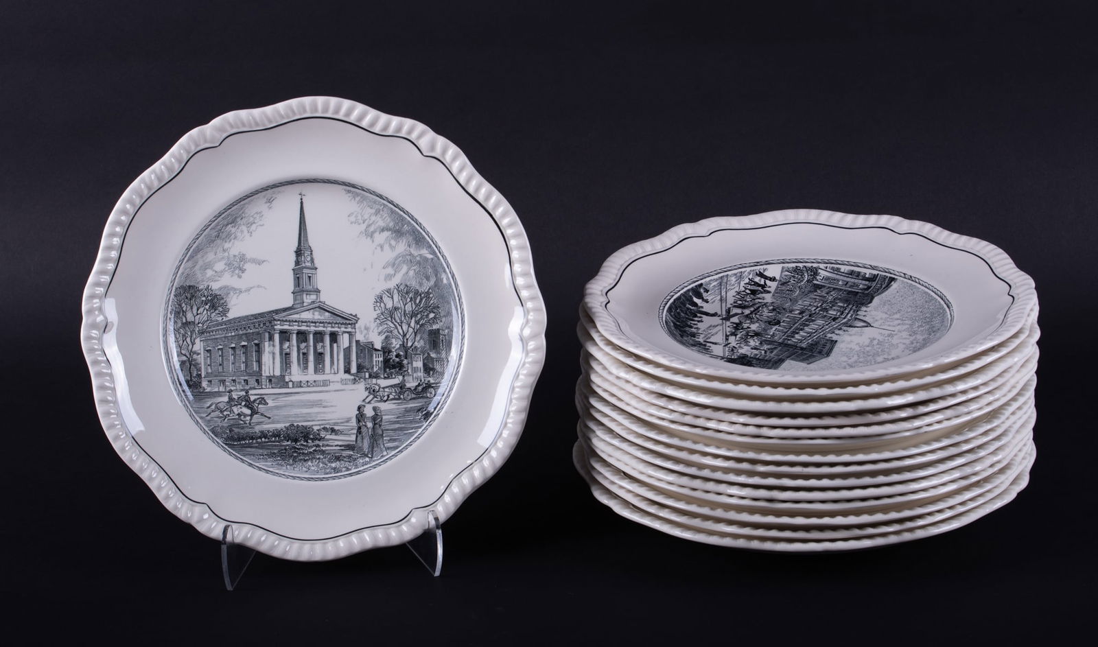 Set of Fifteen English Copeland Spode St. Louis Transferware Plates, George Maguolo for Jaccard's: Set of Fifteen English Copeland Spode St. Louis Transferware Plates, George Maguolo for Jaccard's St. Louis England, the set of Spode porcelain plates feature various St. Louis Missouri landmarks.