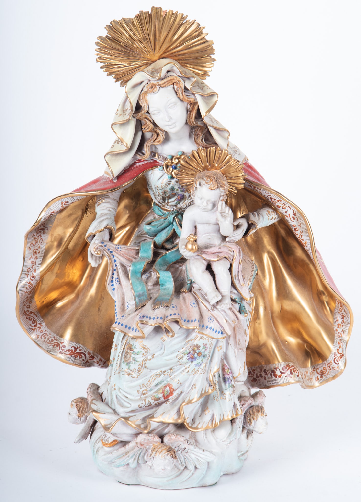 In the Style of Professor Eugenio Pattarino, Italian Majolica Glazed Pottery Figure of the Madonna: In the Style of Professor Eugenio Pattarino, Italian Majolica Glazed Pottery Figure of the Madonna and Child Height: 19 inches