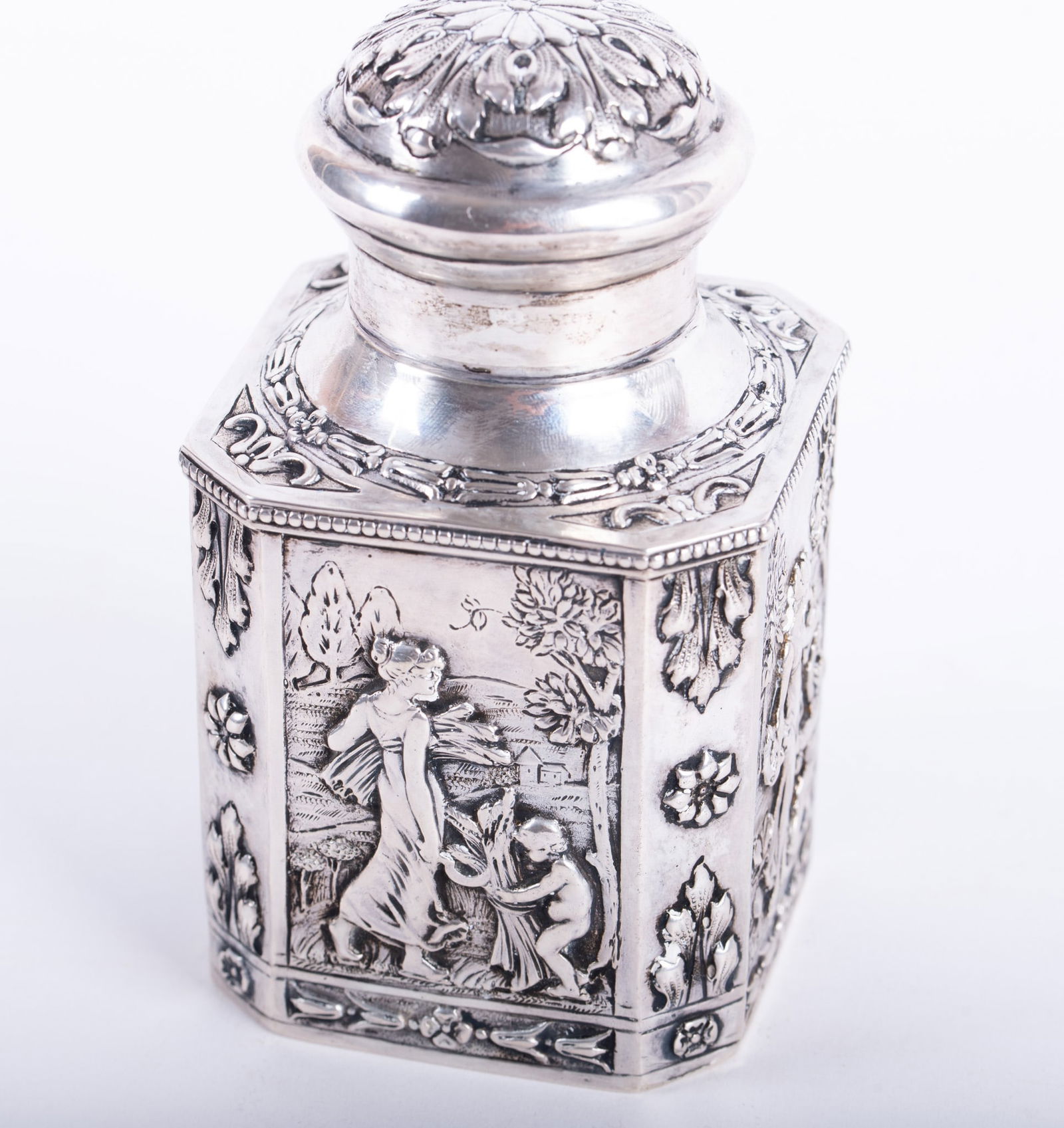 Hanau Silver Tea Caddy: Hanau Silver Tea CaddyMarks on the base. Repousse sides. Weight 7.36 ozt.5 x 2 3/4 x 2 3/4 inches