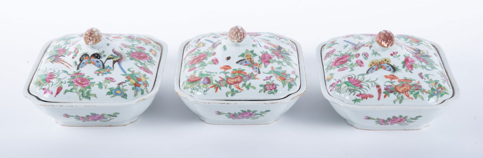 A Rare Set of Three Chinese Canton Rose Medallion Covered Dishes (1 of 5)