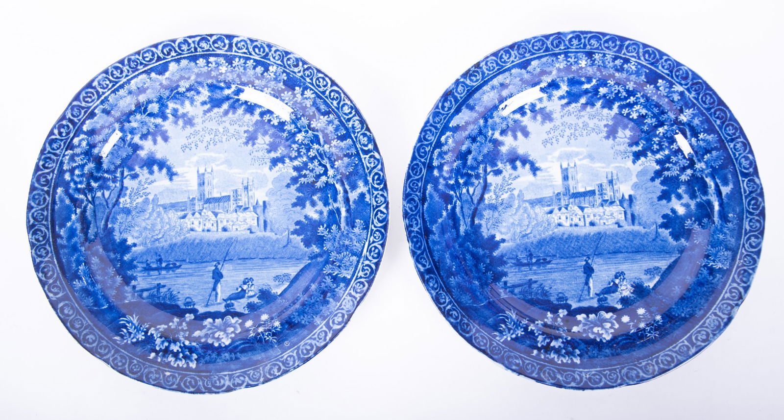A Pair of Staffordshire Historical Blue Transferware Plates, Castle Scene by Clews: A Pair of Staffordshire Historical Blue Transferware Plates, Castle Scene by Clews England, early 19th century, a good pair of dark blue historical pattern plates depicting couples along a river with