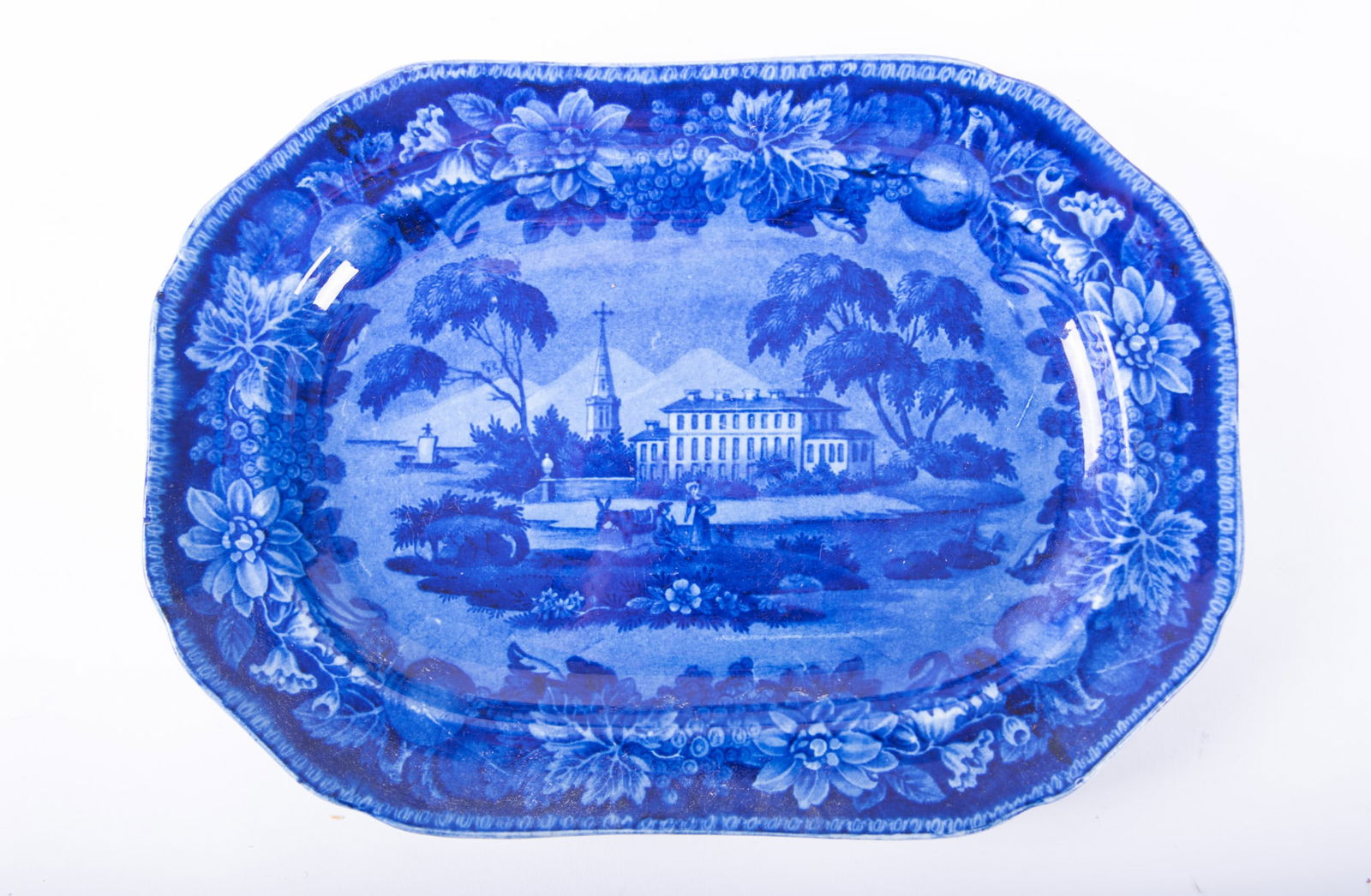 A Staffordshire Historical Blue and White Platter, American Villa (1 of 3)