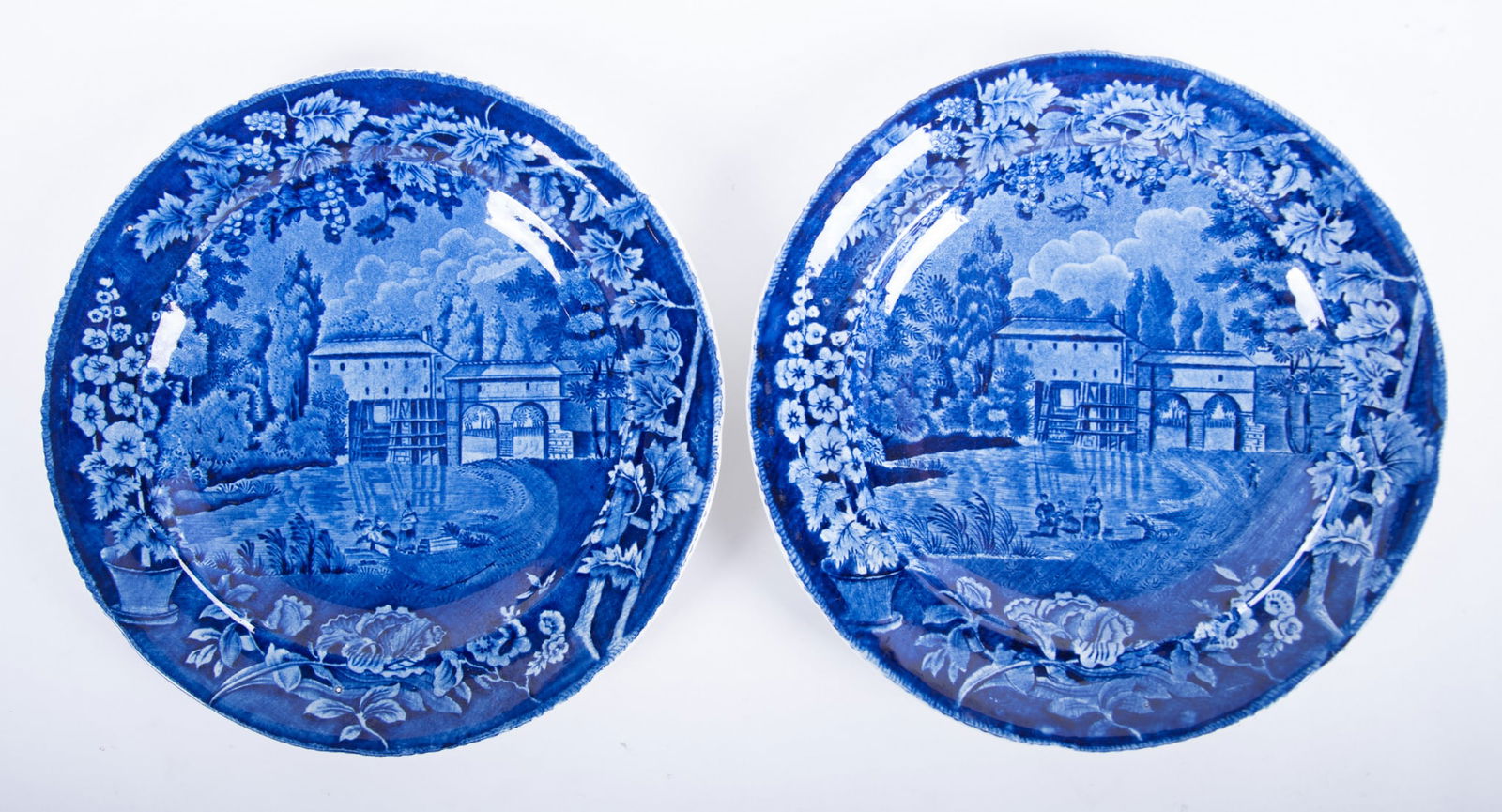 A Pair of Historical Staffordshire Blue Plates, Moulin Sur La Marne by Wood (1 of 3)