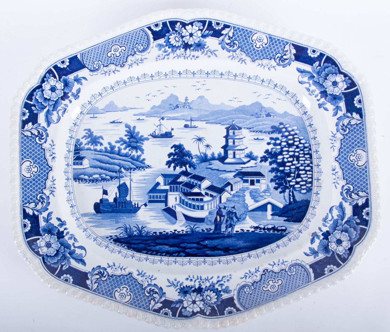 A Large 19th Century Blue Transferware Turkey Platter, India Temple by Ridgway: A Large 19th Century Blue Transferware Turkey Platter, India Temple by RidgwayEngland, circa 1820, a rarely found over-size turkey or meat platter, produced by John & William Ridgway at Stoke-on-Trent