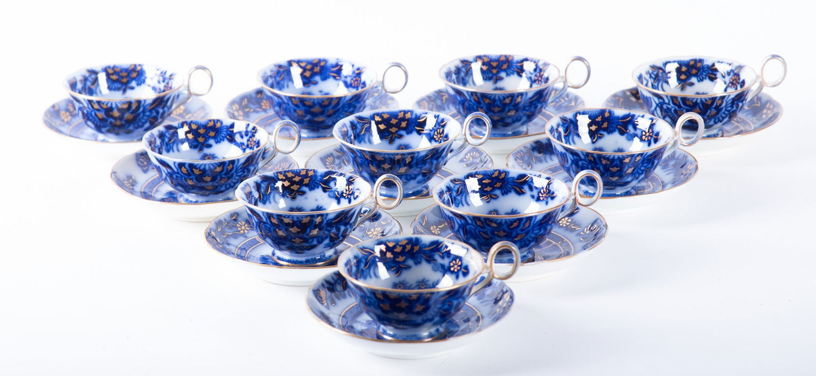A Set of Ten Antique Staffordshire Flow Blue Tea Cups and Saucers, Oriental by Samuel Alcock (1 of 3)