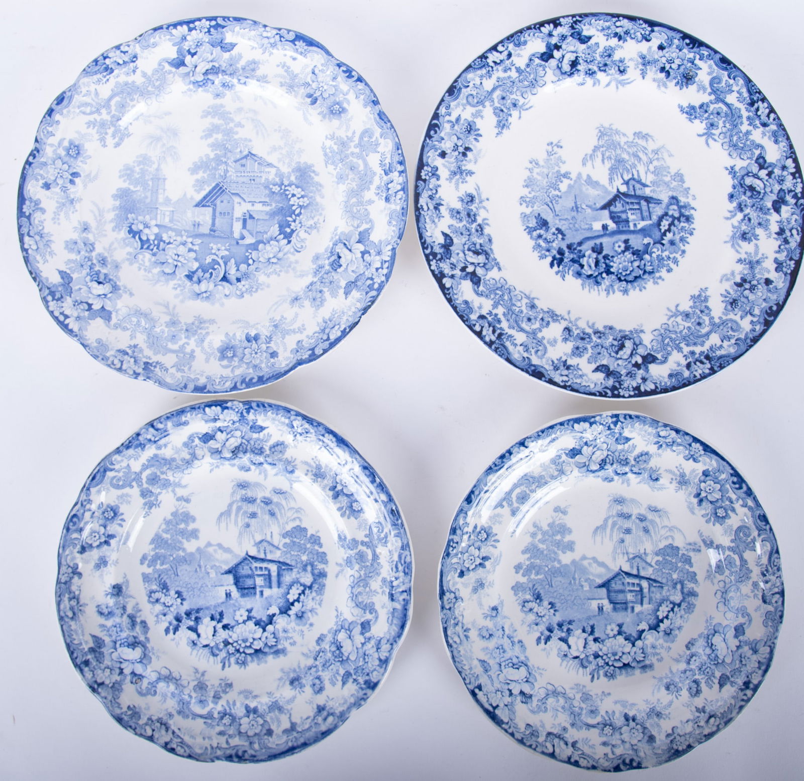 Four Minton Genevese Pattern Serving Plates: Four Minton Genevese Pattern Serving Plates England, a rare pair of circa 1835 plates (8 1/2 inch) having scalloped rim and shallow well, marked Genevese Opaque China; with a scallop rim 10 inch