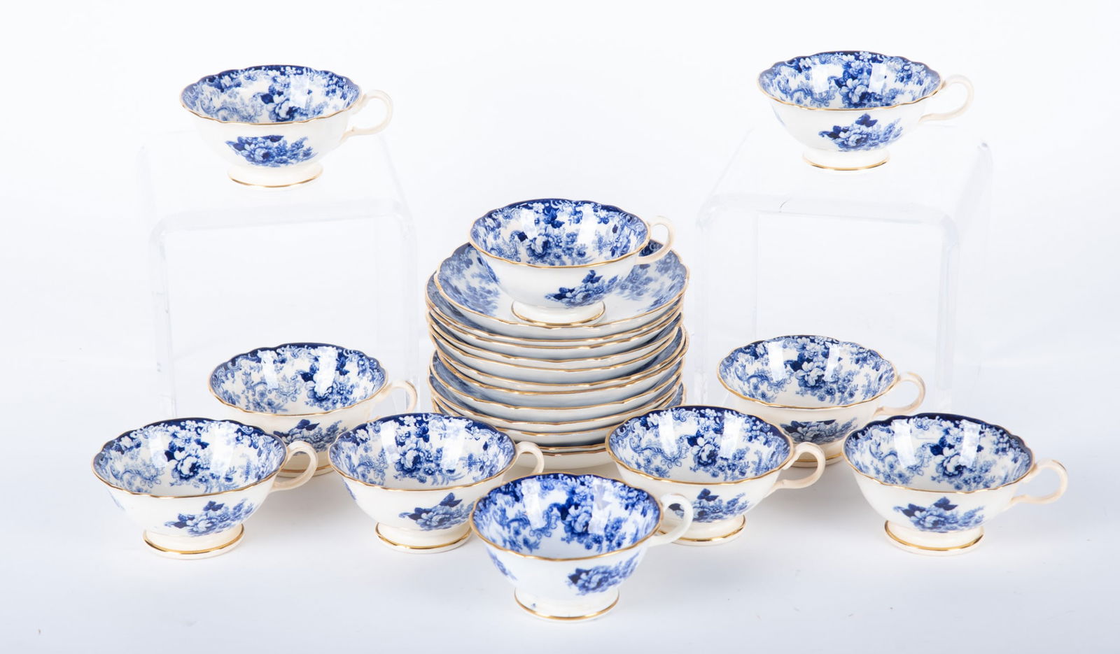 A Set of Twelve Antique Tea Cups and Saucers, Genevese by Minton: A Set of Twelve Antique Tea Cups and Saucers, Genevese by Minton England, late 19th century, a rarely found set of 12 blue transferware cups and saucers in the sought after Genevese pattern, first