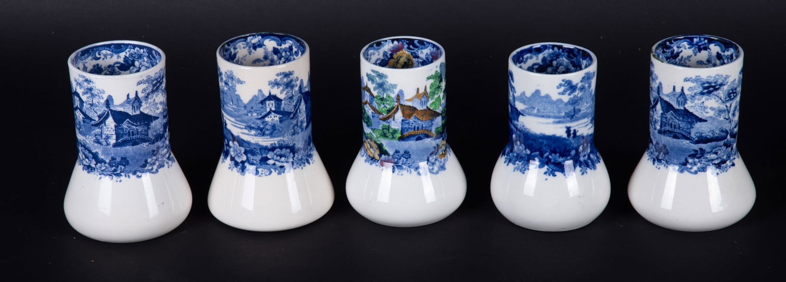 Five Minton Genevese Pattern Vases: Five Minton Genevese Pattern Vases England, late 19th/early 20th century, 5 blue and white bulbous base beaker style vases in the Genevese pattern, one of the vases with color. Approximately 5 inches