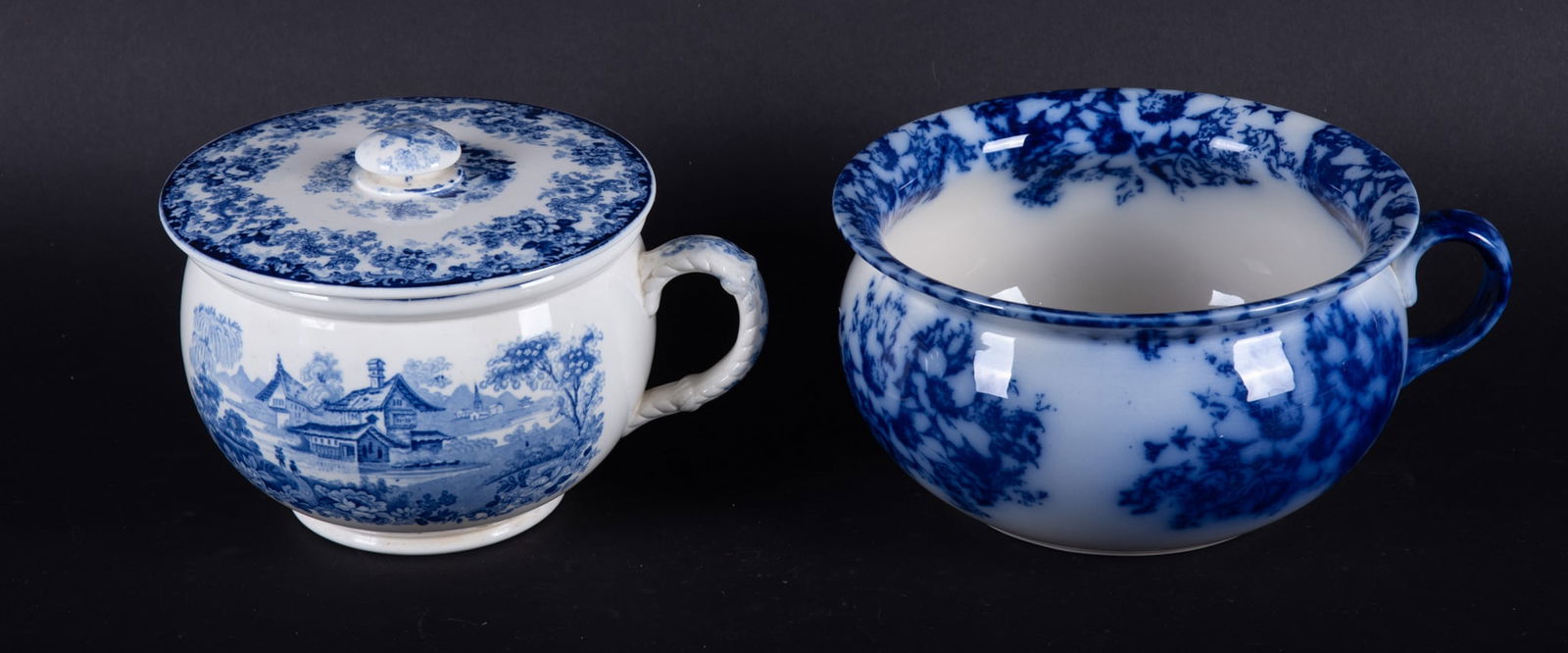Two Antique English Chamber Pots including a Rare Minton Child's Example: Two Antique English Chamber Pots including a Rare Minton Child's Example England, 19th century, a rarely found covered child's chamber pot in Minton's Genevese pattern, the pattern having heavily