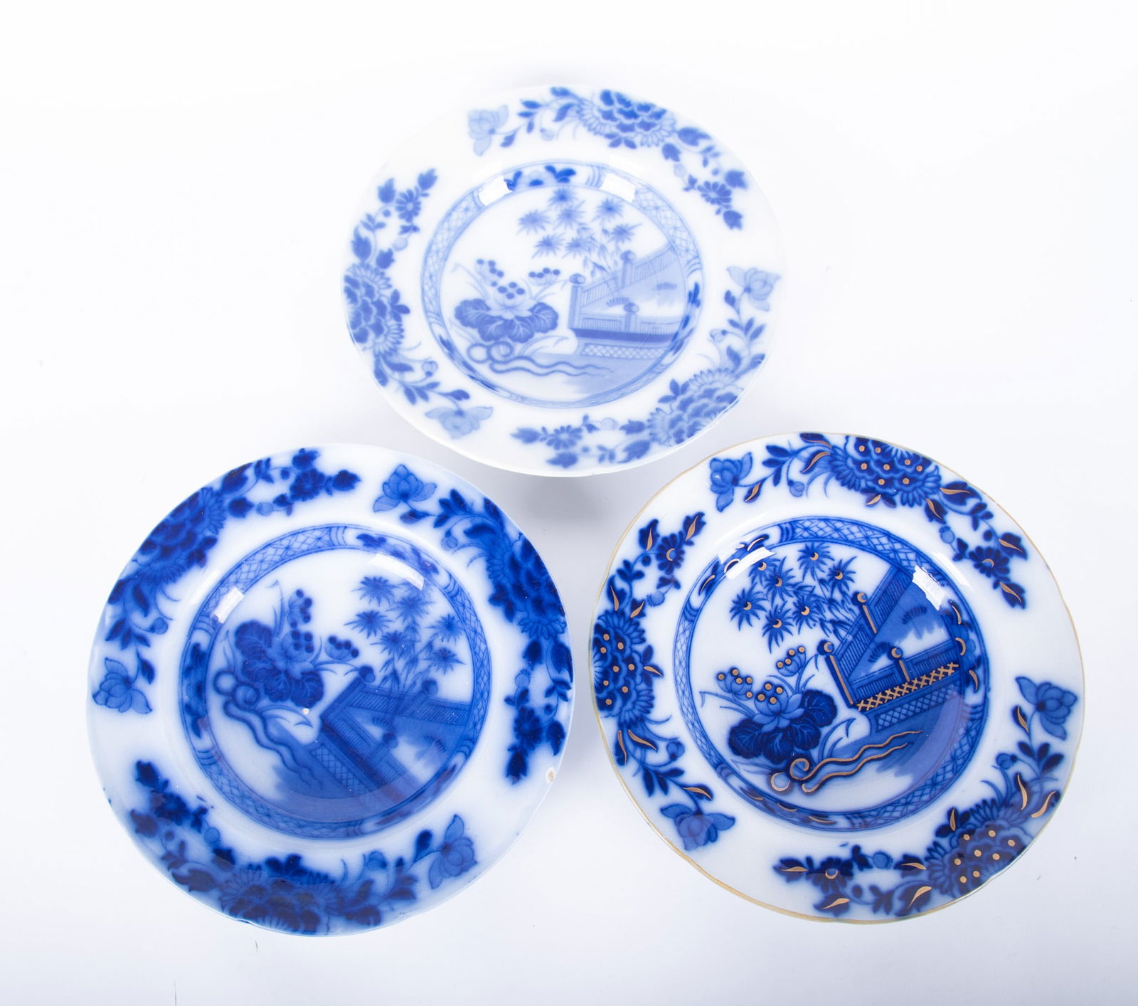 Three Antique Flow Blue Serving Bowls, Oriental by Samuel Alcock and Sons (1 of 5)