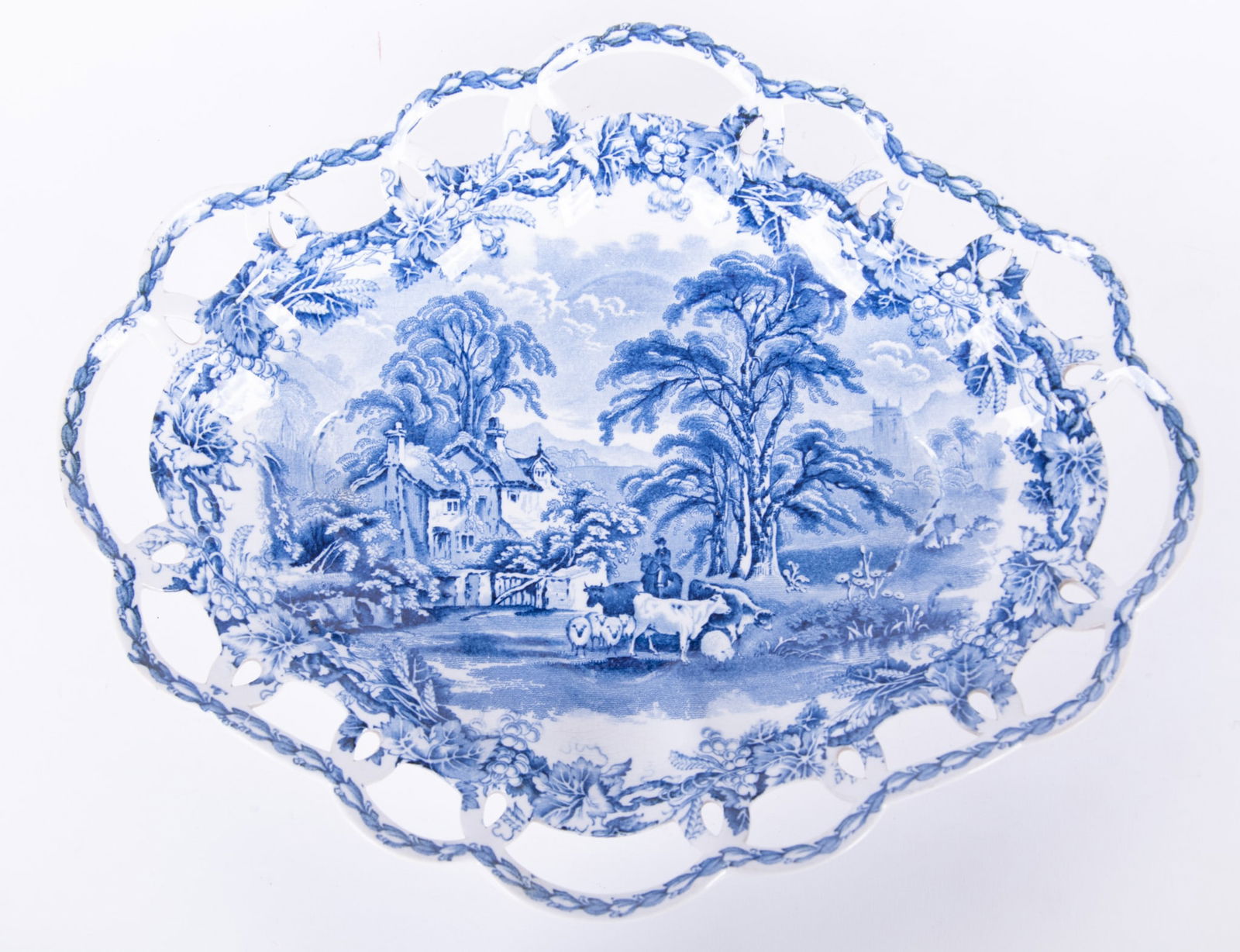 An Antique English Pearlware Blue Transferware Reticulated Bowl, likely Booths (1 of 4)