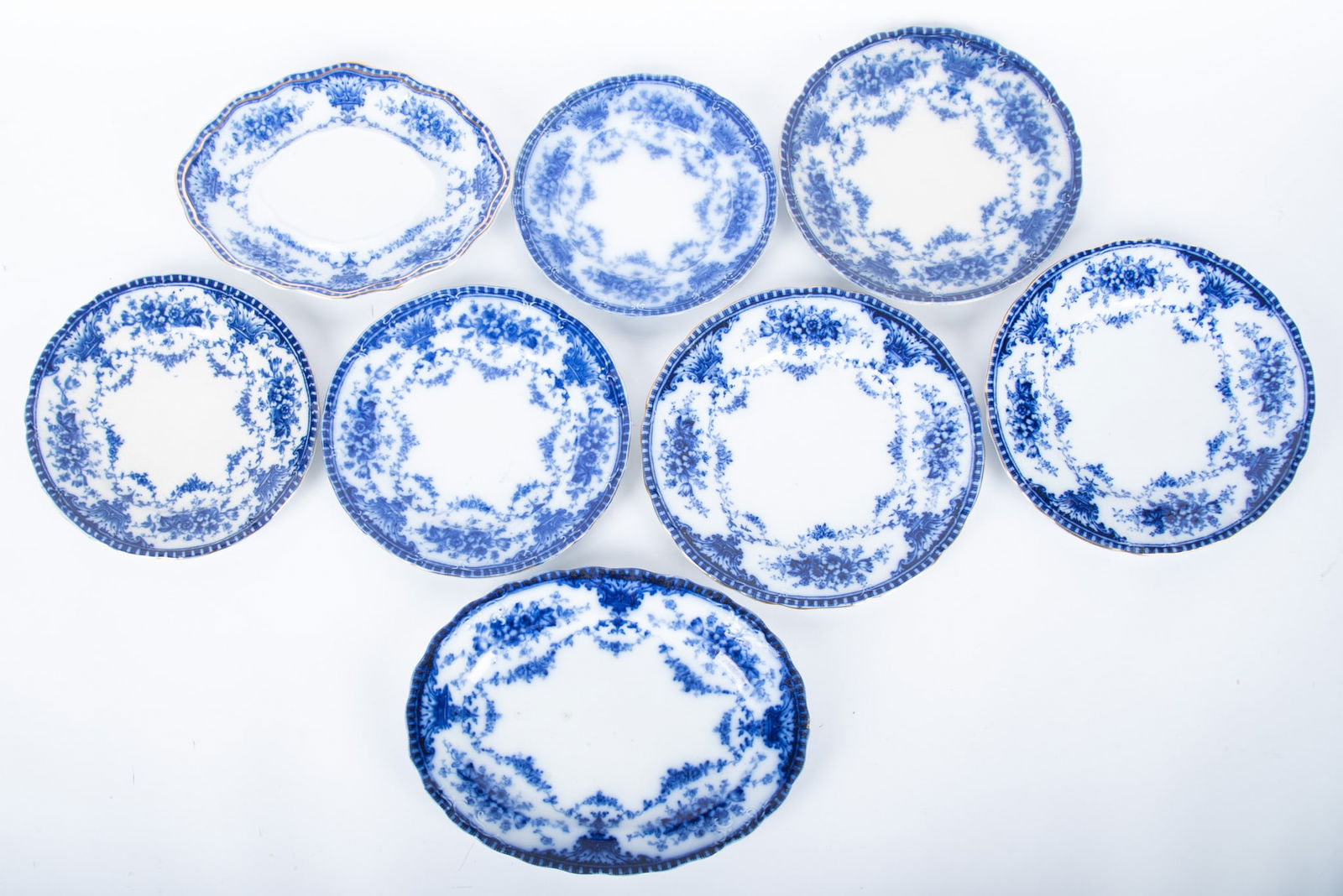 A Collection of Flow Blue Plates and Small Platters, Coronet by Sampson Hancock and Sons (1 of 4)