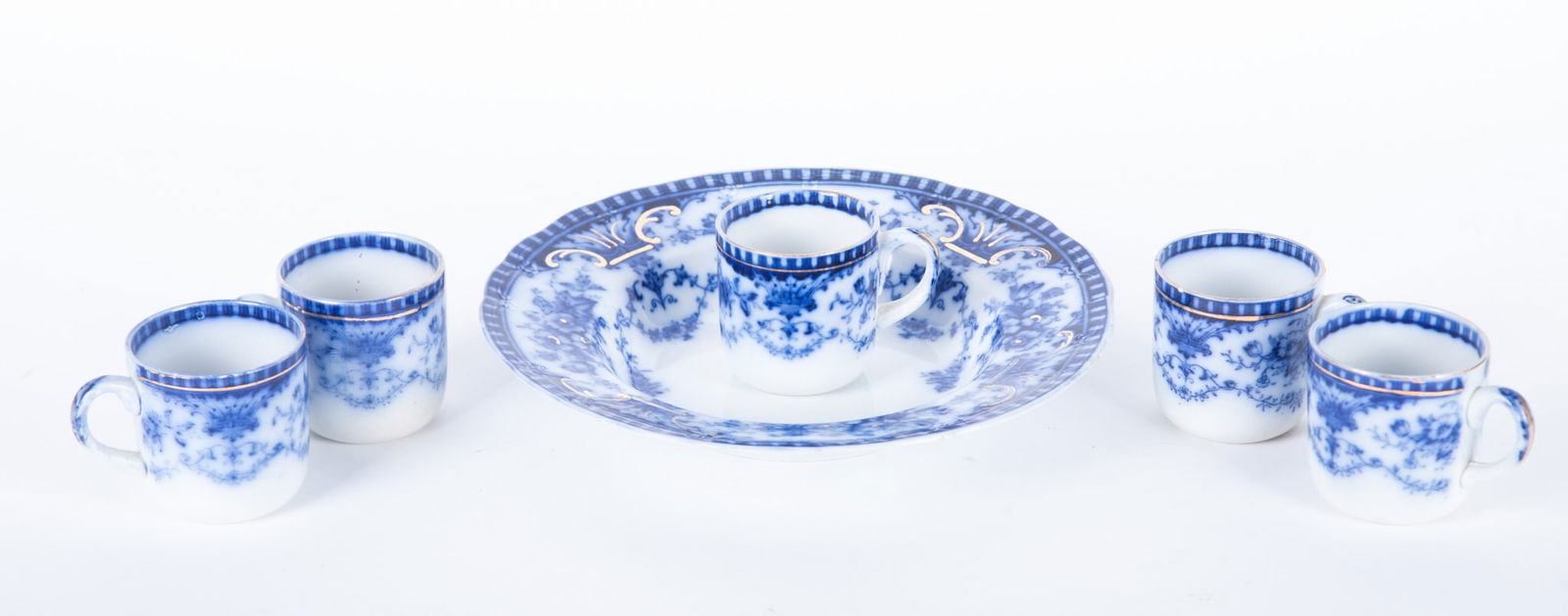 Five Flow Blue Coffee Cups and a Clobbered Bowl, Coronet by Sampson Hancock and Sons (1 of 4)