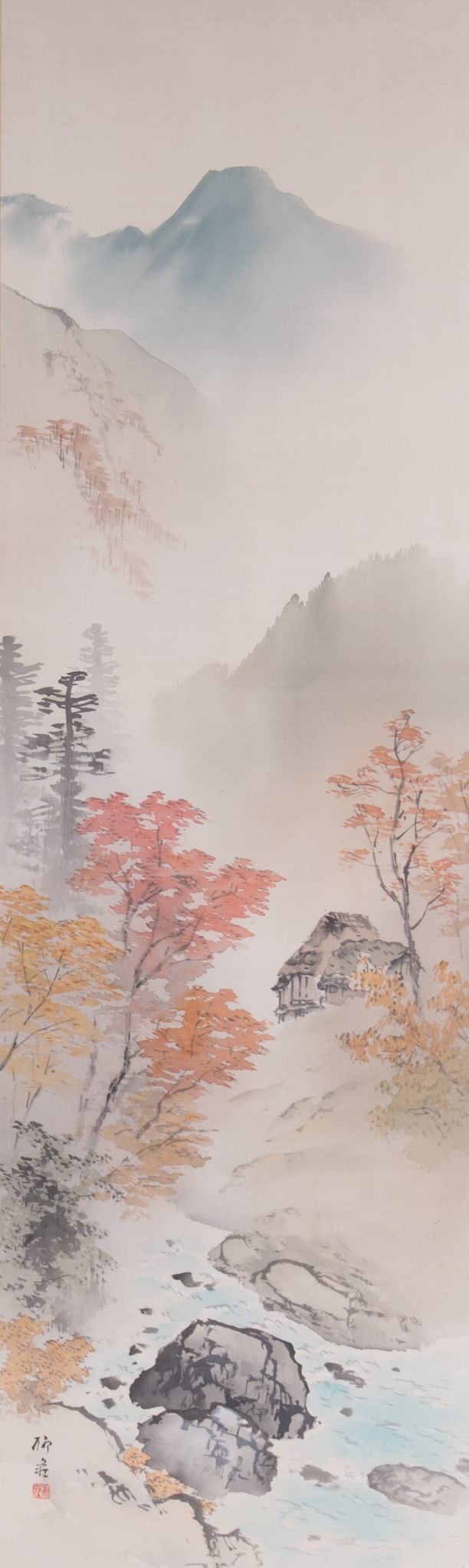 Lin Chong, China , Scroll Painting, watercolor on silk: Lin Chong China Scroll Painting watercolor on silk signed lower left, framed 45 3/4 x 13 3/4 inches; 55 1/2 x 23 5/8 inches (overall with frame)