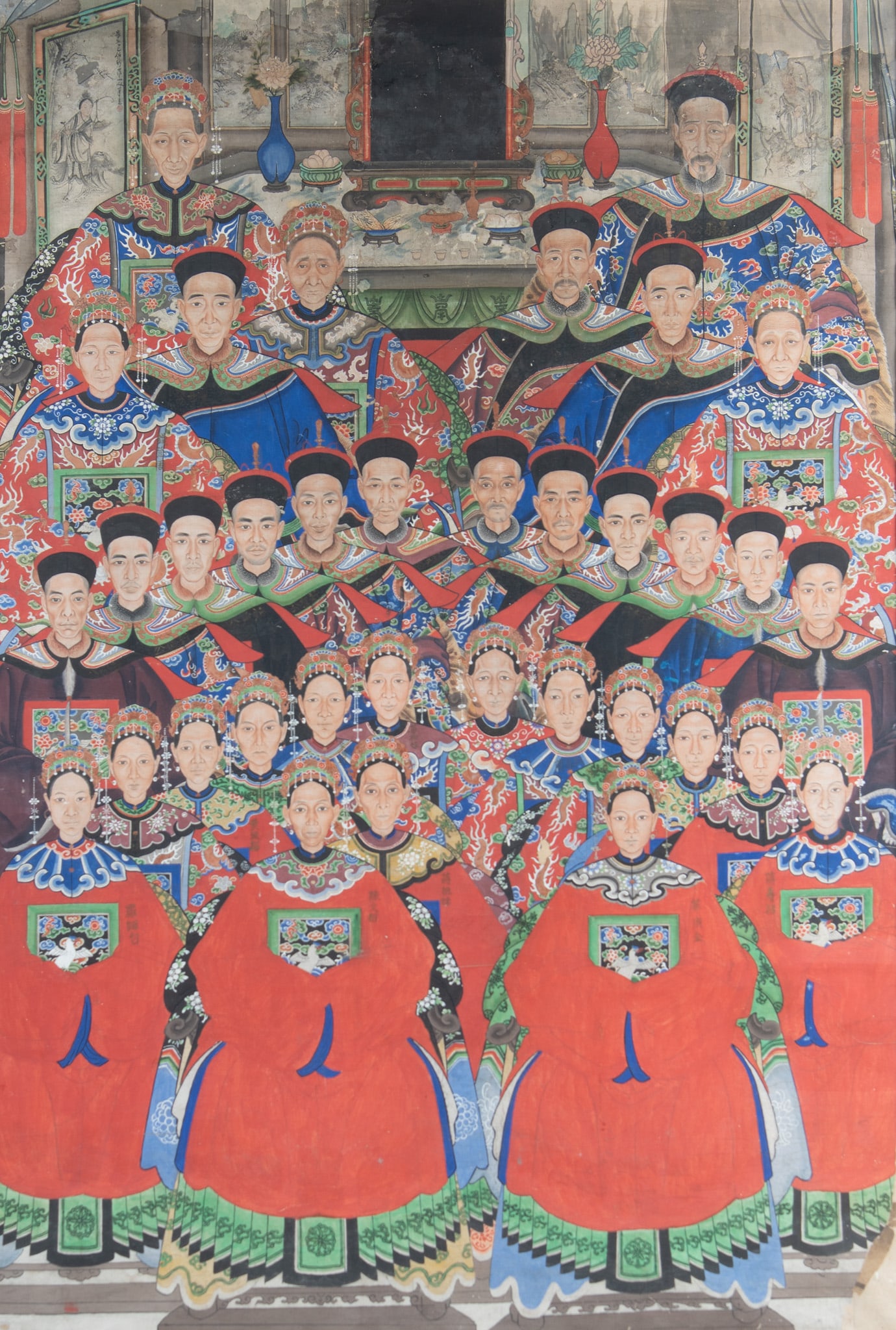China Late Qing, Ancestor Group Portrait, watercolor: China, Late Qing Ancestor Group Portrait watercolor unsigned, framed 65 x 44 inches; 80 1/4 x 59 inches (overall with frame)