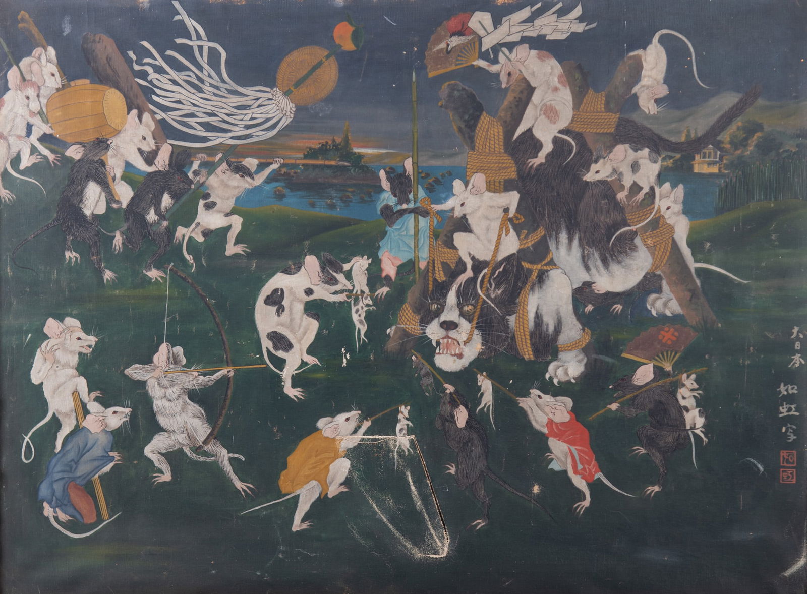 Unknown Artist, Japan 18th/ 19th Century, Garden Party, oil on canvas: Unknown Artist Japan, 18th/ 19th Century Garden Party oil on canvas Animated and unusual scene depicting rats surrounding and taming a cat, signed lower right, framed. 45 1/2 x 61 1/2 inches; 48 3/4