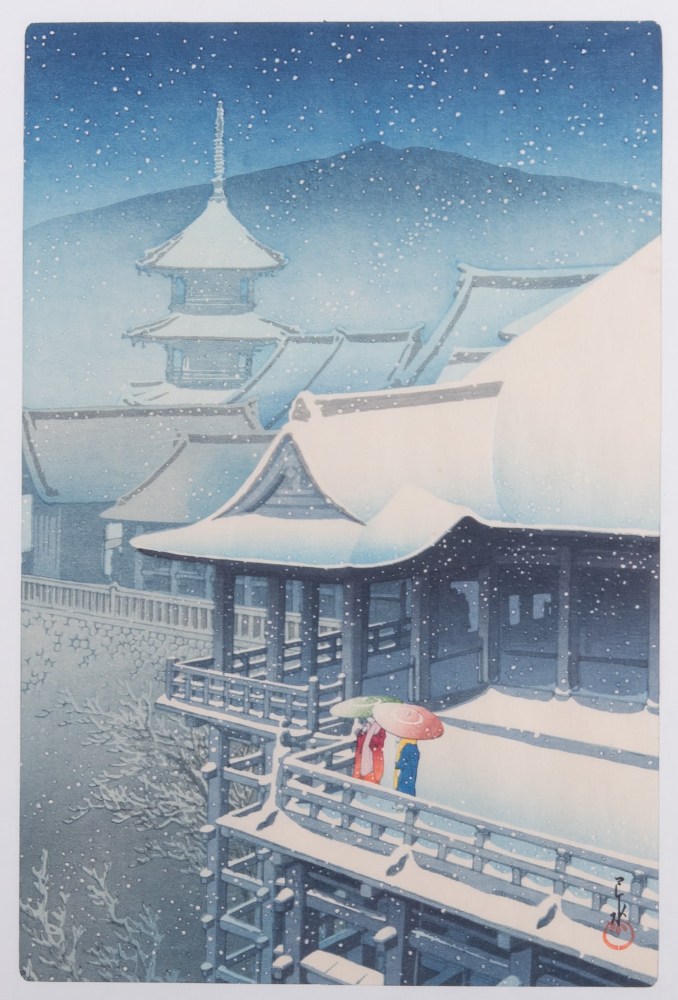 Kawase Hasui, Japanese (1883-1957), Spring Snow in Kiyomizu Pagoda, woodblock print: Kawase Hasui Japanese, (1883-1957) Spring Snow in Kiyomizu Pagoda woodblock print Signed: Hasui; with the artist's red ink seal Published by Doi Sadaichi; with the publisher's seal Blocks carved by