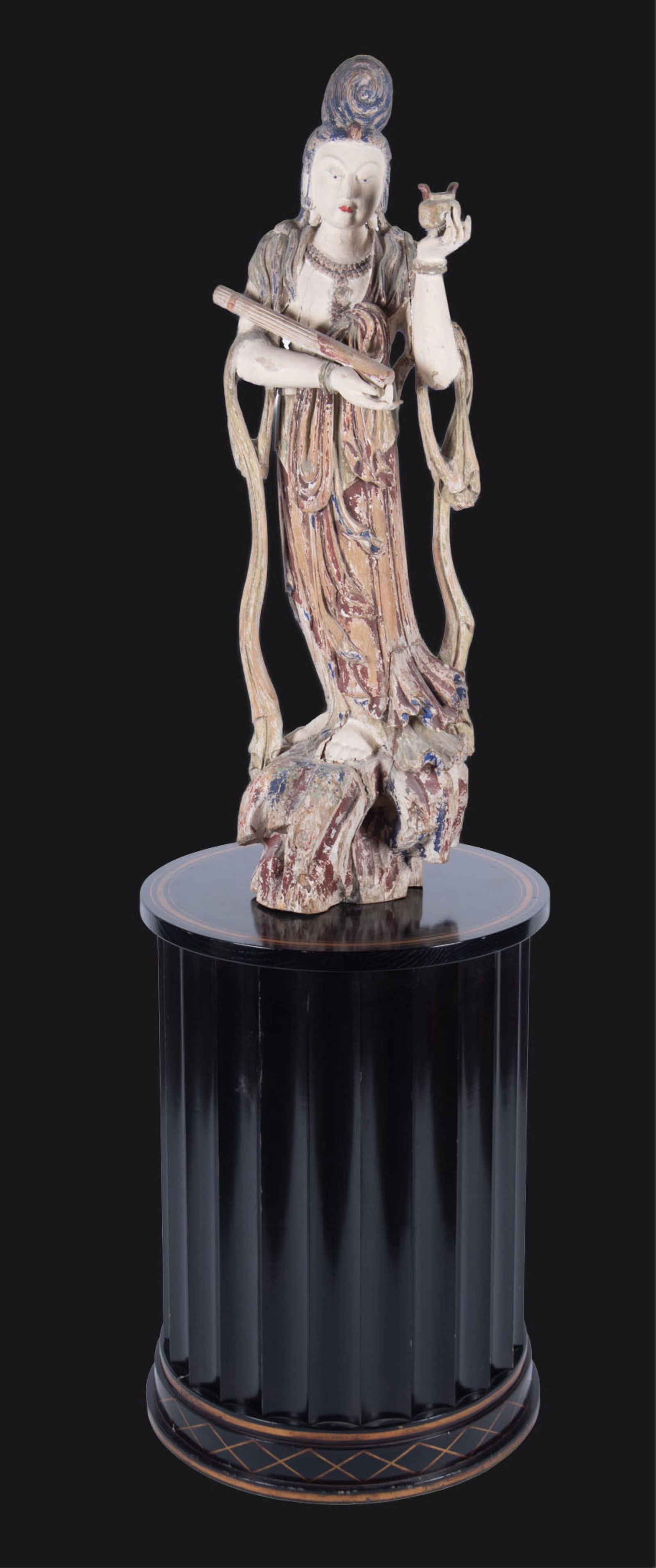 Wooden Quan Yin Sculpture: Wooden Quan Yin Sculpture large sculpture of Quan Yin carved in wood, circa early 20th century. On pedestal. statue: 43 inches; base: 30 x 20 1/8 inches