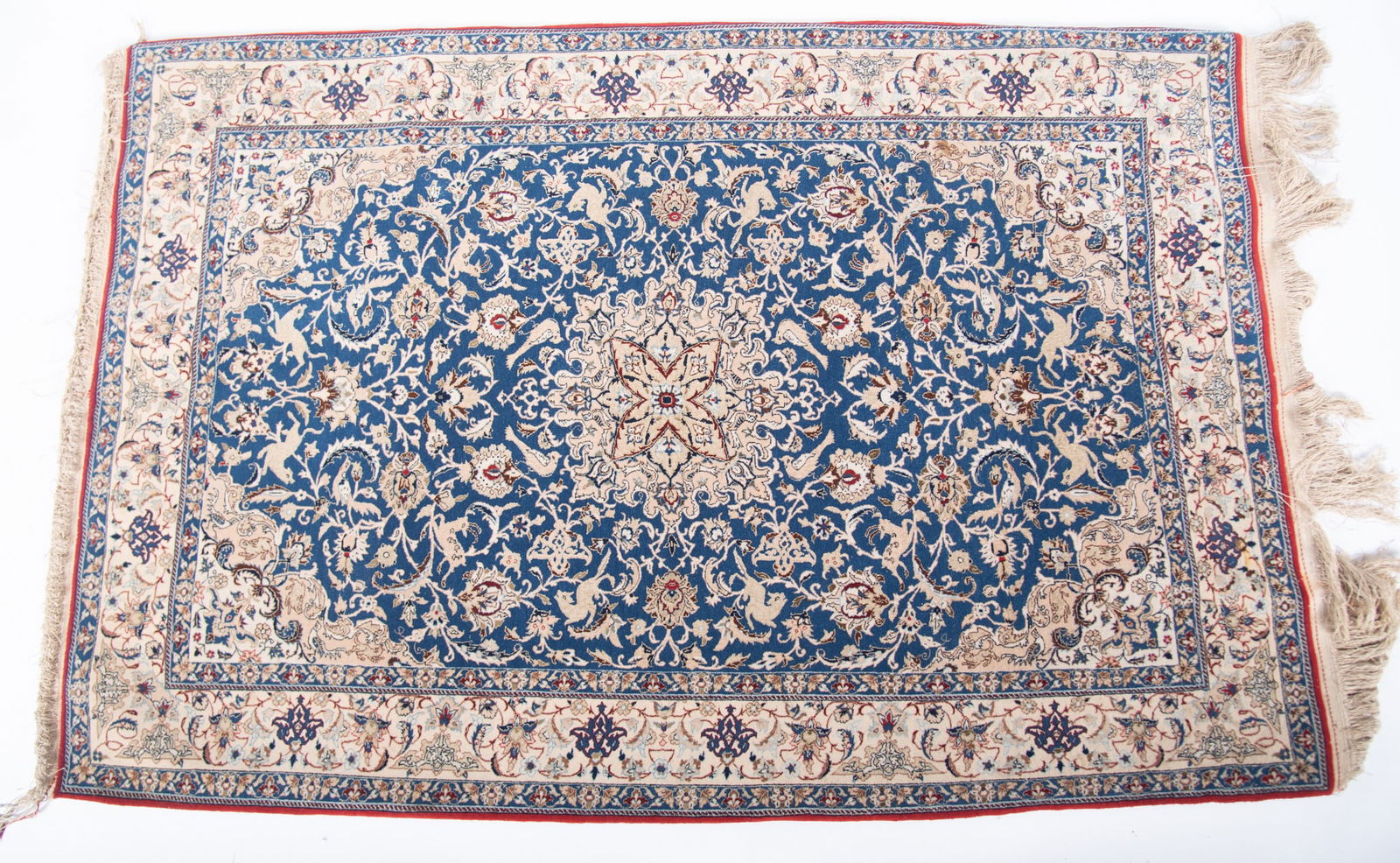 Handwoven Nain Throw Rug: Handwoven Nain Throw Rug Having a blue field populated with birds and forest animals, with an ivory central medallion. 5' 7" x 3' 8"