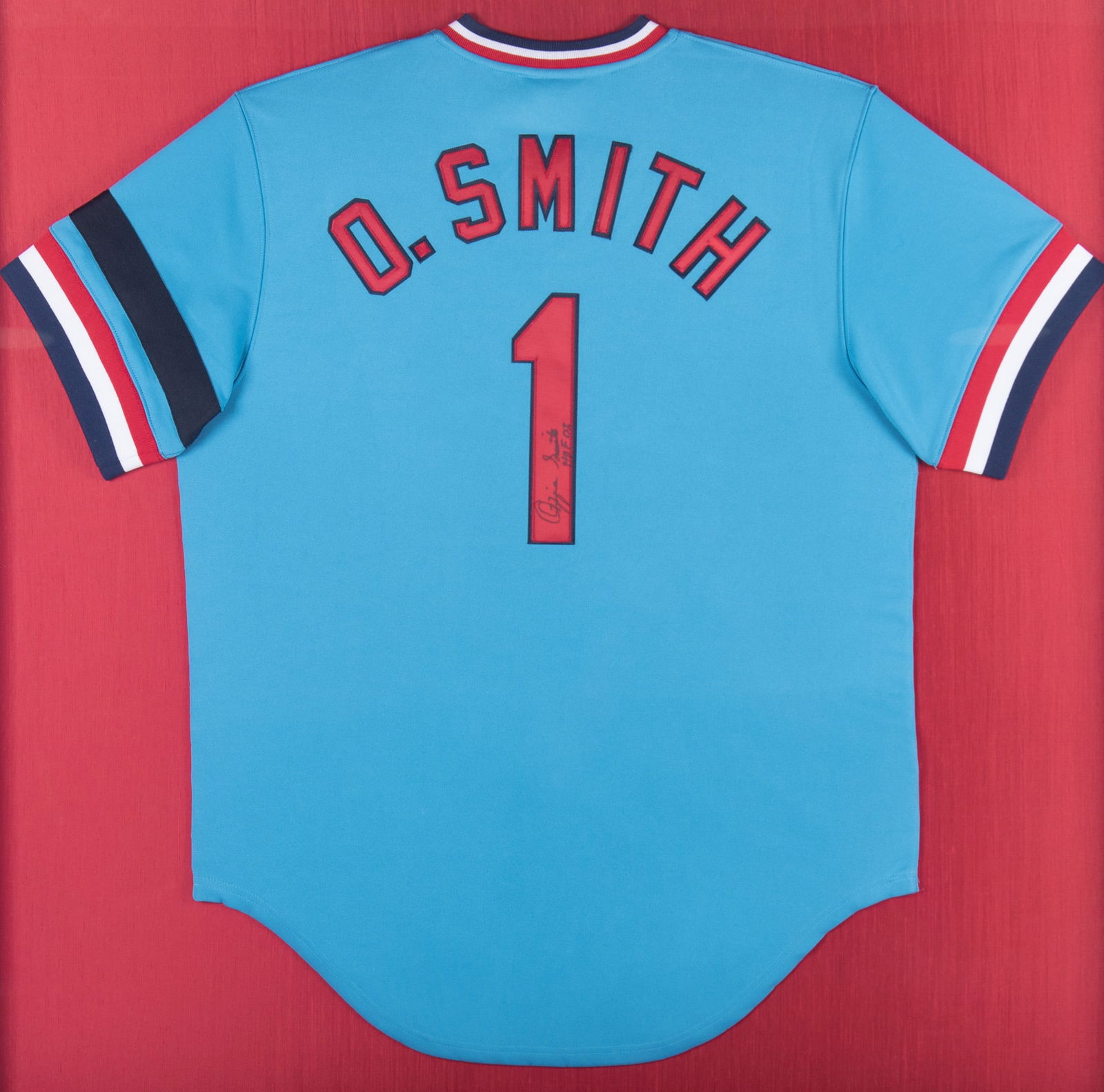 Signed Ozzie Smith Away Jersey In Shadow Box: Signed Ozzie Smith Away Jersey In Shadow Box St Louis Cardinals Signed on the 1 Ozzie Smith H.O.F. 02