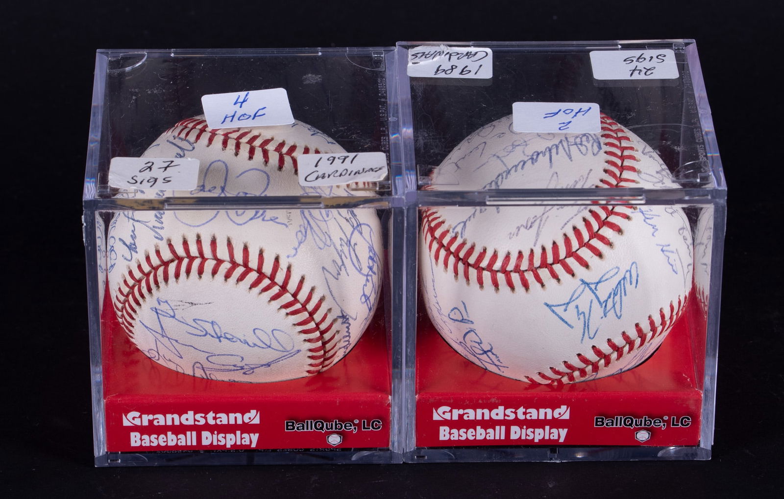 Two St. Louis Cardinals Signed Team Baseballs: Two St. Louis Cardinals Signed Team Baseballs1989 Team Signed St. Louis Cardinals Baseball. Twenty four signatures including two Hall Of Famers, Whitey Herzog and Red Schoendienst together with a 1991