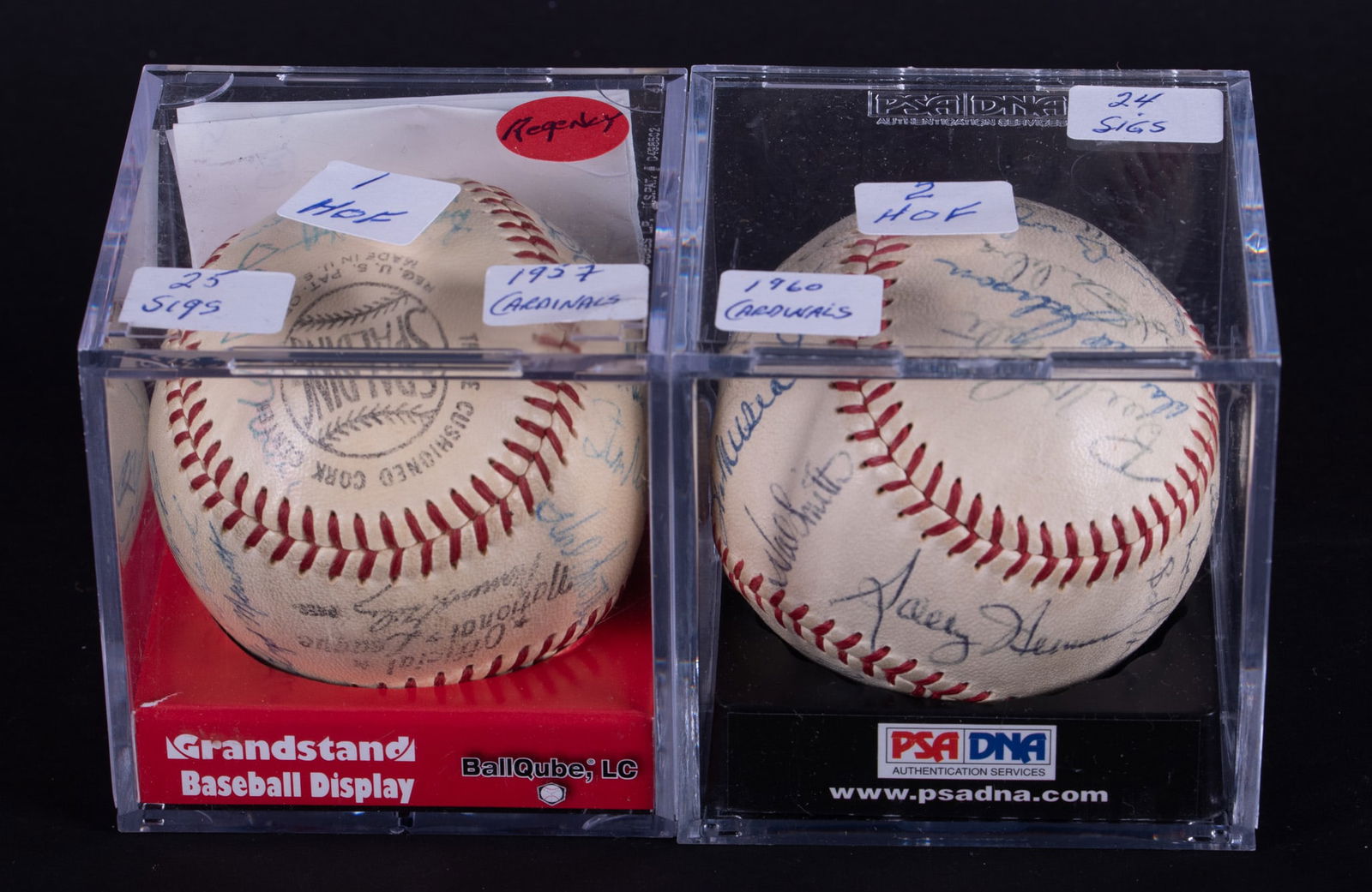 Two Team Signed St Louis Cardinals Baseballs: Two Team Signed St Louis Cardinals Baseballs Including a 1957 team signed ball Signed by Hall of Famer Stan Musial Authenticated by Regency number 6/18/2006; together with a 1960 St Louis Cardinals