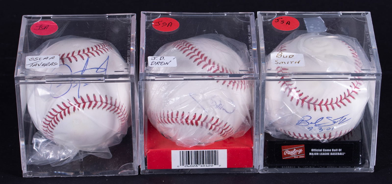 Collection Of Three Autographed Baseballs: Collection Of Three Autographed Baseballs Including JD Drew JSA LL91900, Oscar Tevaras JSA MO1158 and Bud Smith PP45355 all signed on the sweet spot.