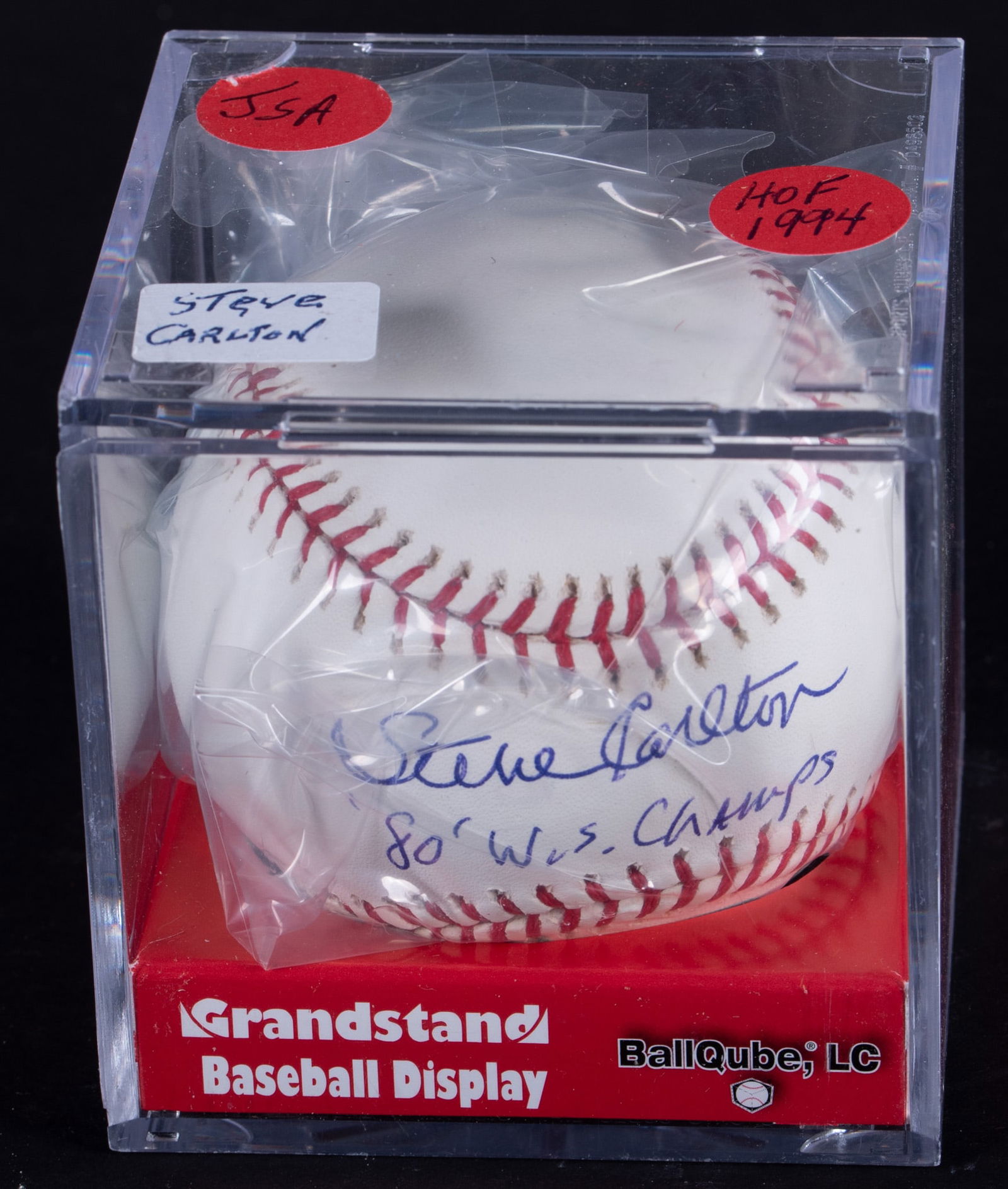 Autographed Baseball Signed By Steve Carlton: Autographed Baseball Signed By Steve Carlton Purple ink on the sweet box, signed Steve Carlton 80' W.S. Champs. Hall Of Fame 1994 JSA T98019