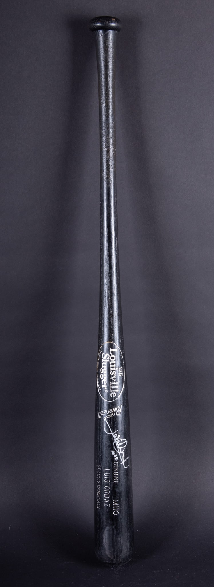 Luis Ordaz Signed Louisville Slugger Bat: Luis Ordaz Signed Louisville Slugger BatBlack St Louis Cardinals bat signed in silver on the barrel, Luis Ordaz #32. JSA certification number H68735.