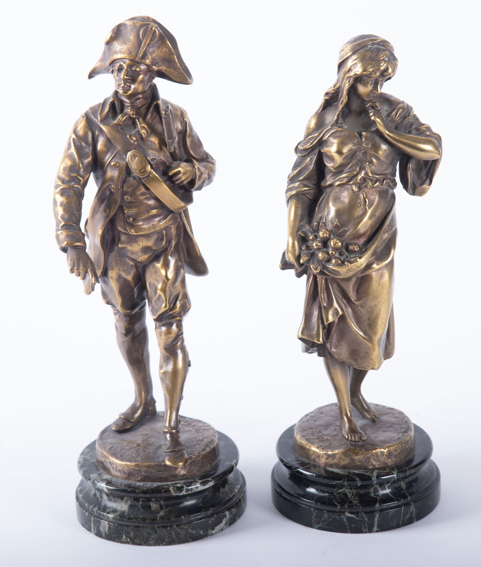 Emile Louis Picault, French 1833-1915, La Loi, and Woman with Flowers, Two patinated bronze figures (1 of 3)