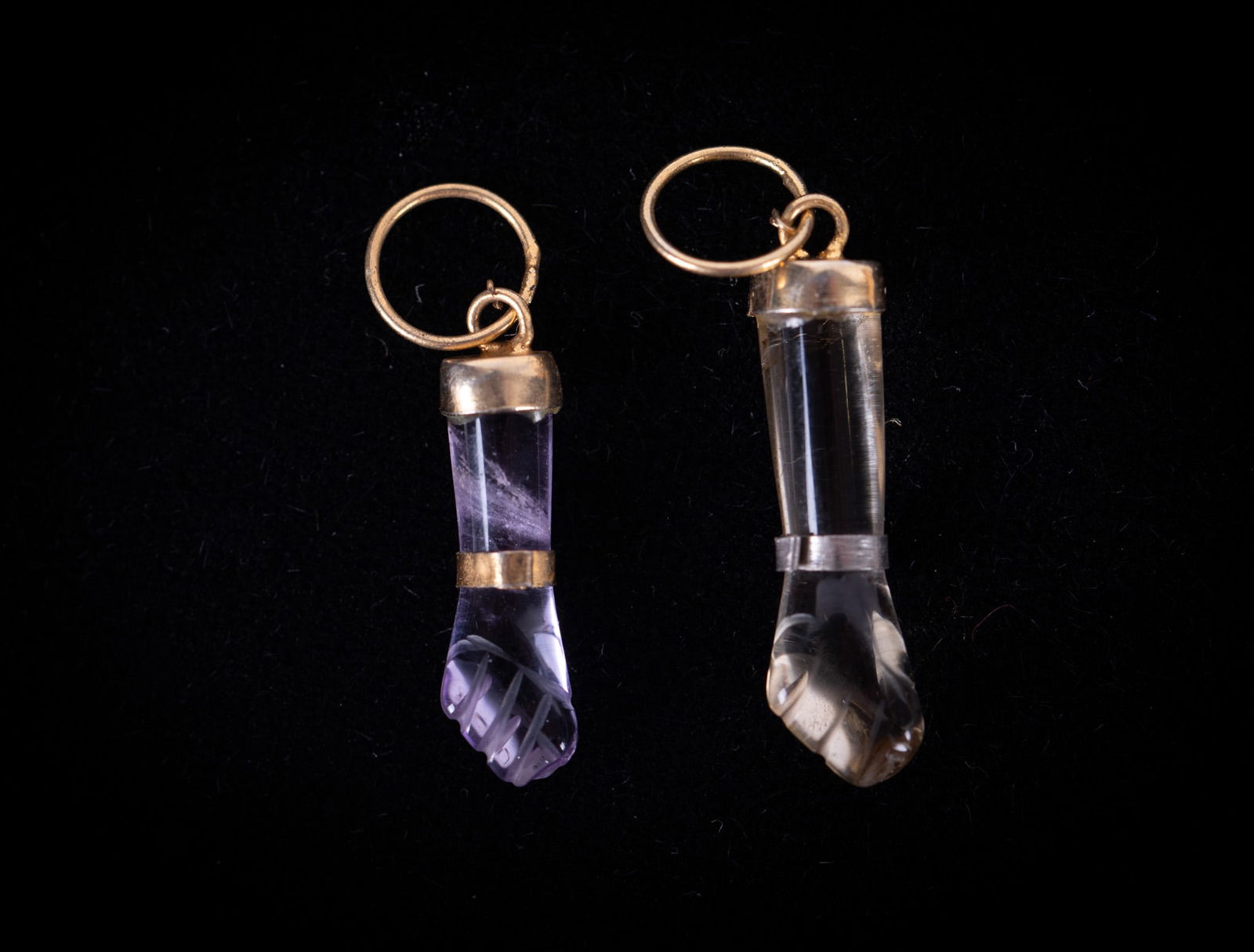 Two Figa Hand Pendants, One Amethyst and One Smokey Quartz (1 of 1)