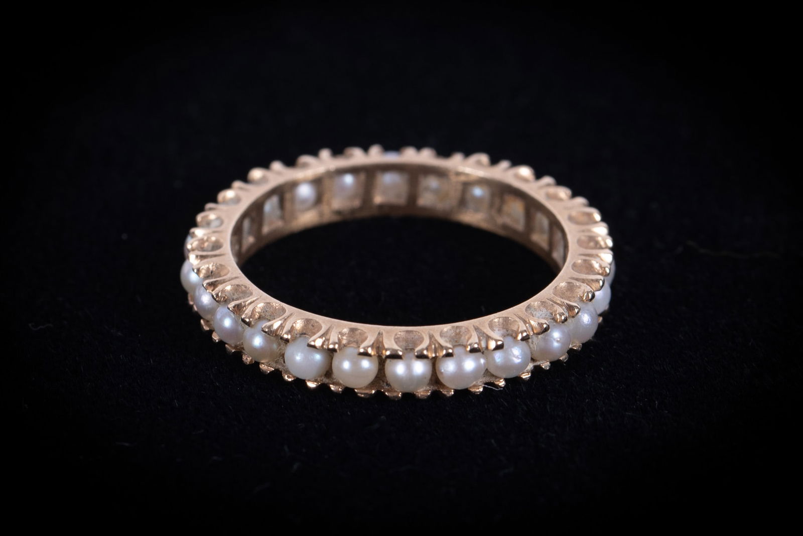 14K Yellow Gold Eternity Band with Pearls: 14K Yellow Gold Eternity Band with Pearls This sweet piece tests 14K. It is a size 6 1/2 and weighs 2.3g.