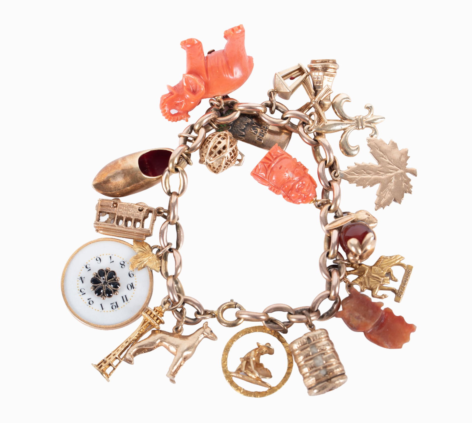 Fabulous Yellow Gold Charm Bracelet: Fabulous Yellow Gold Charm BraceletThe 14K charms on this bracelet are quite wonderful. Included are two coral charms.The bracelet holding the charms is 10K. Length of the bracelet is 71/4 inches with