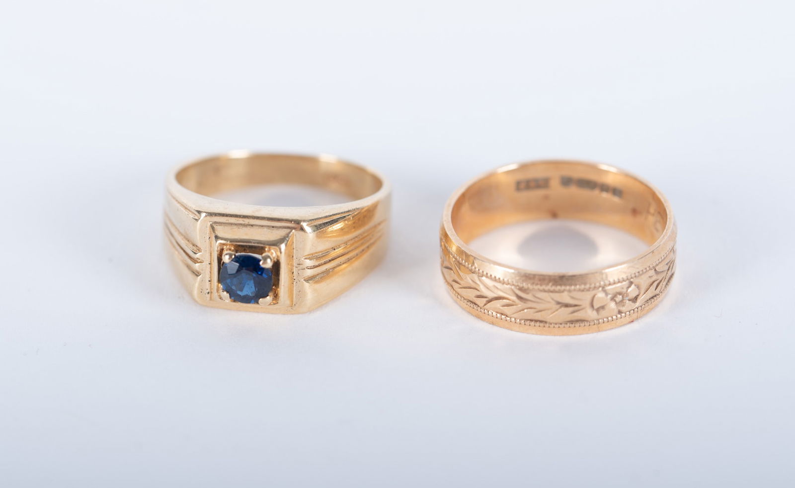 14K Yellow Gold Sapphire Ring paired with a !4K Engraved Band (1 of 2)